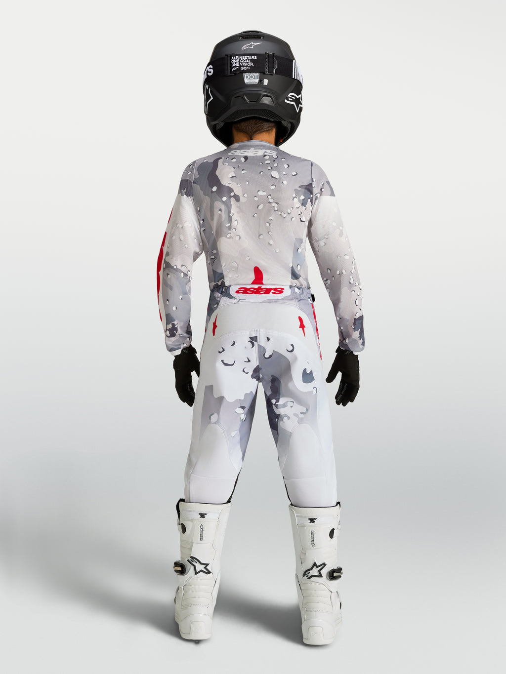 Alpinestars Fluid Jugend-Trikot und Lone Ausrüstungsset 2027, Motocross-Bekleidung in Grau-Camouflage und Weiß mit feuerroten Akzenten, Rückansicht