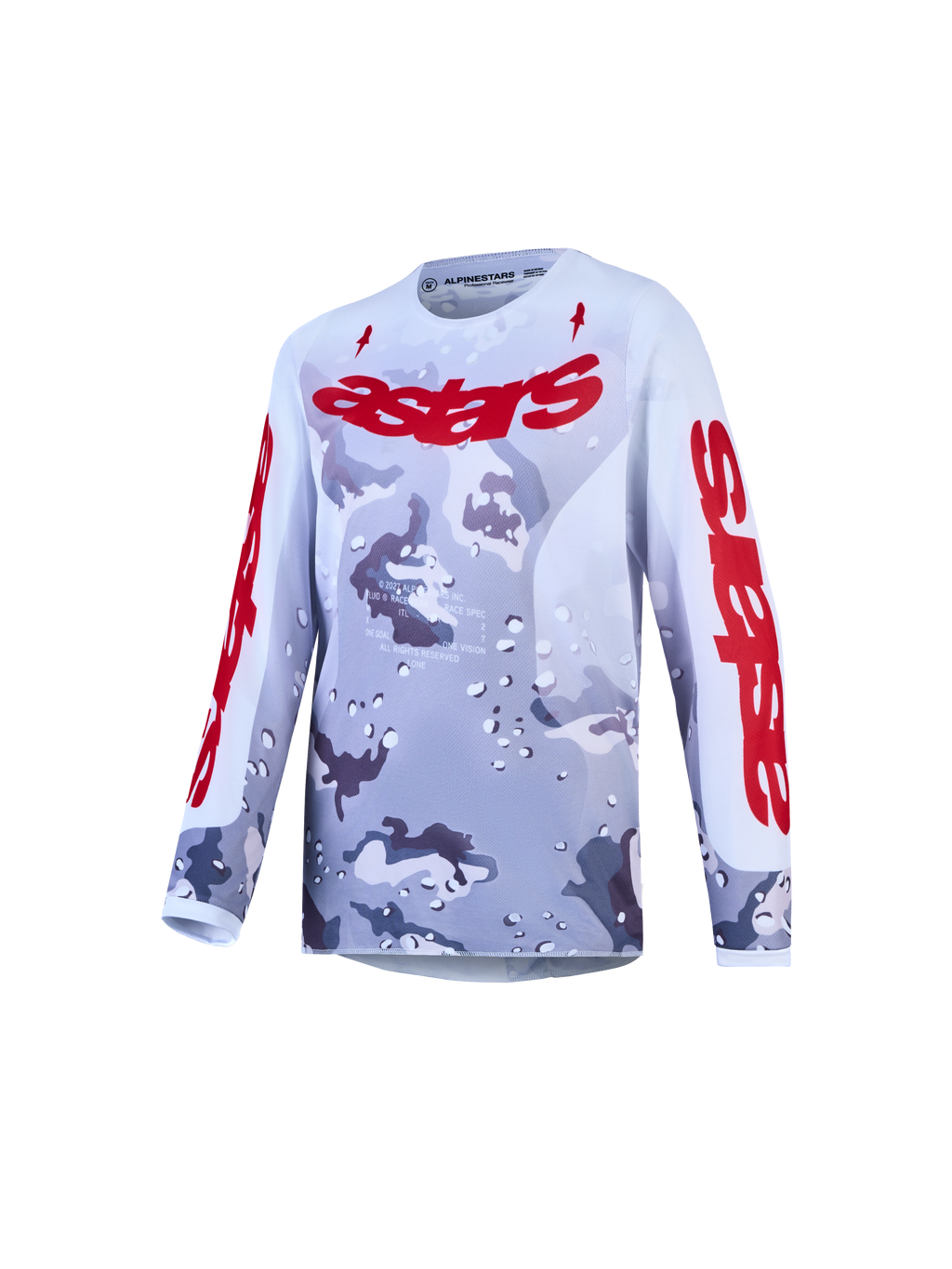 Alpinestars Jugend Fluid Lone Trikot, graues Camouflage und Feuerrot, atmungsaktives Motocross-Oberteil.