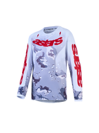 Alpinestars Jugend Fluid Lone Trikot, graues Camouflage und Feuerrot, atmungsaktives Motocross-Oberteil.