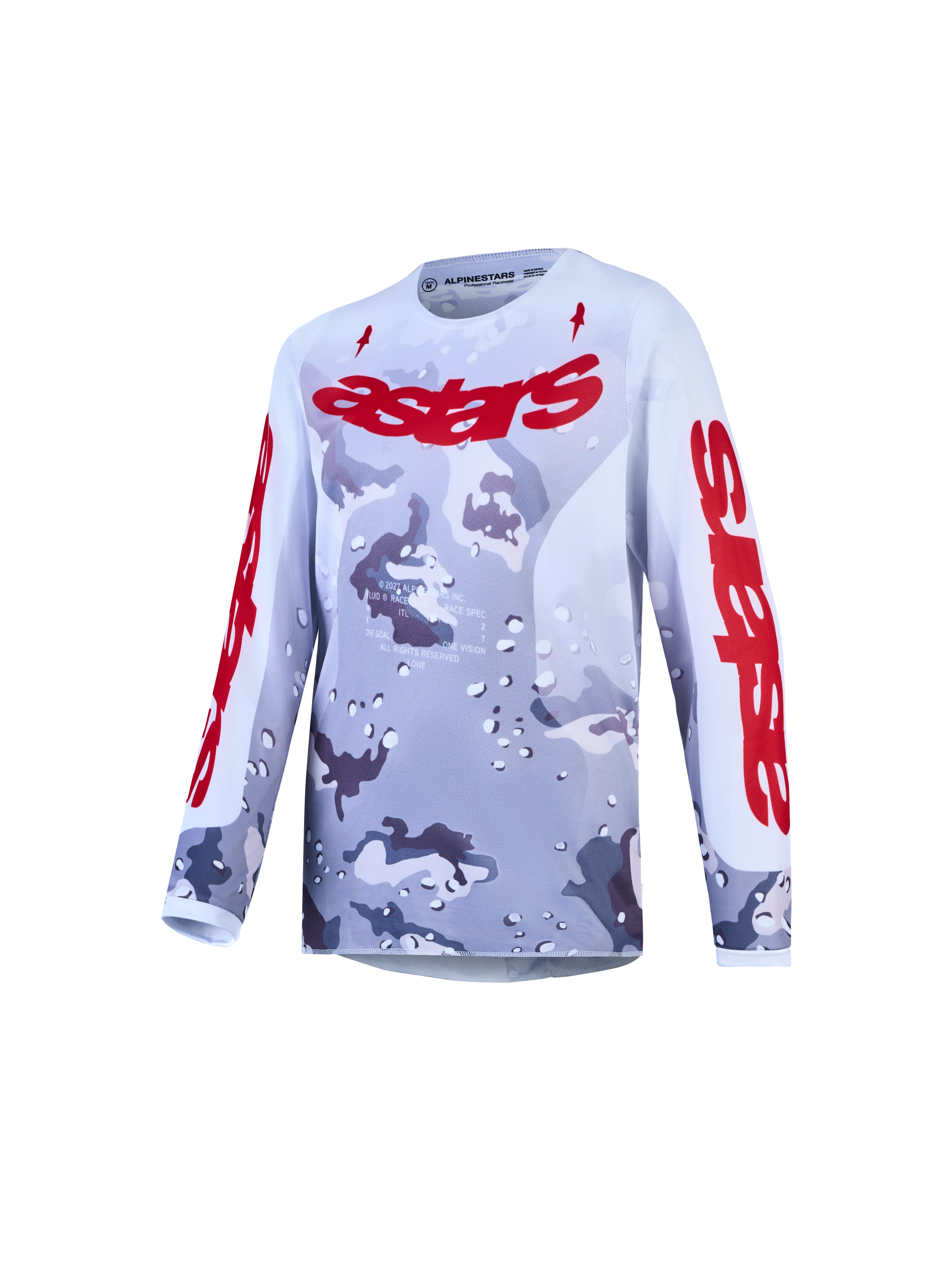 Alpinestars Jugend Fluid Lone Trikot, graues Camouflage und Feuerrot, atmungsaktives Motocross-Oberteil.