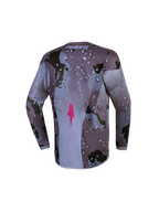 Alpinestars Fluid Jugend-Trikot Lone, Motocross-Oberteil in Grau-Camo und Lila mit verlängertem Rücken.