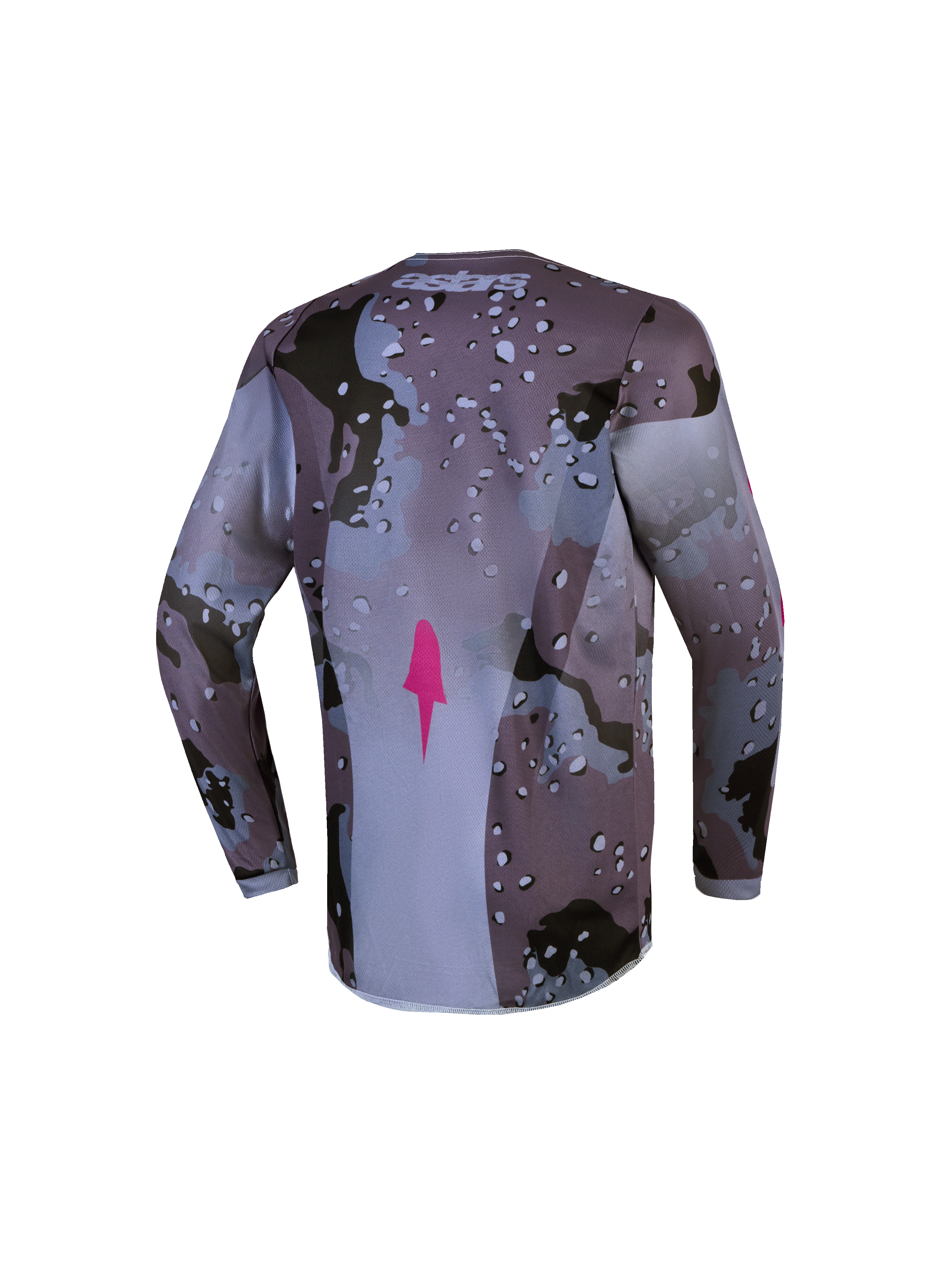 Alpinestars Fluid Jugend-Trikot Lone, Motocross-Oberteil in Grau-Camo und Lila mit verlängertem Rücken.