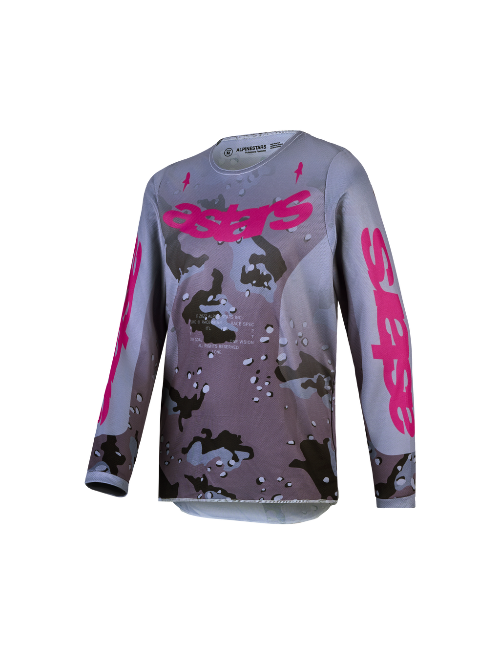 Alpinestars Fluid Jugend-Trikot Lone 2027, Motocross-Oberteil in Grau Camo und Lila, aus atmungsaktivem Polygewebe.