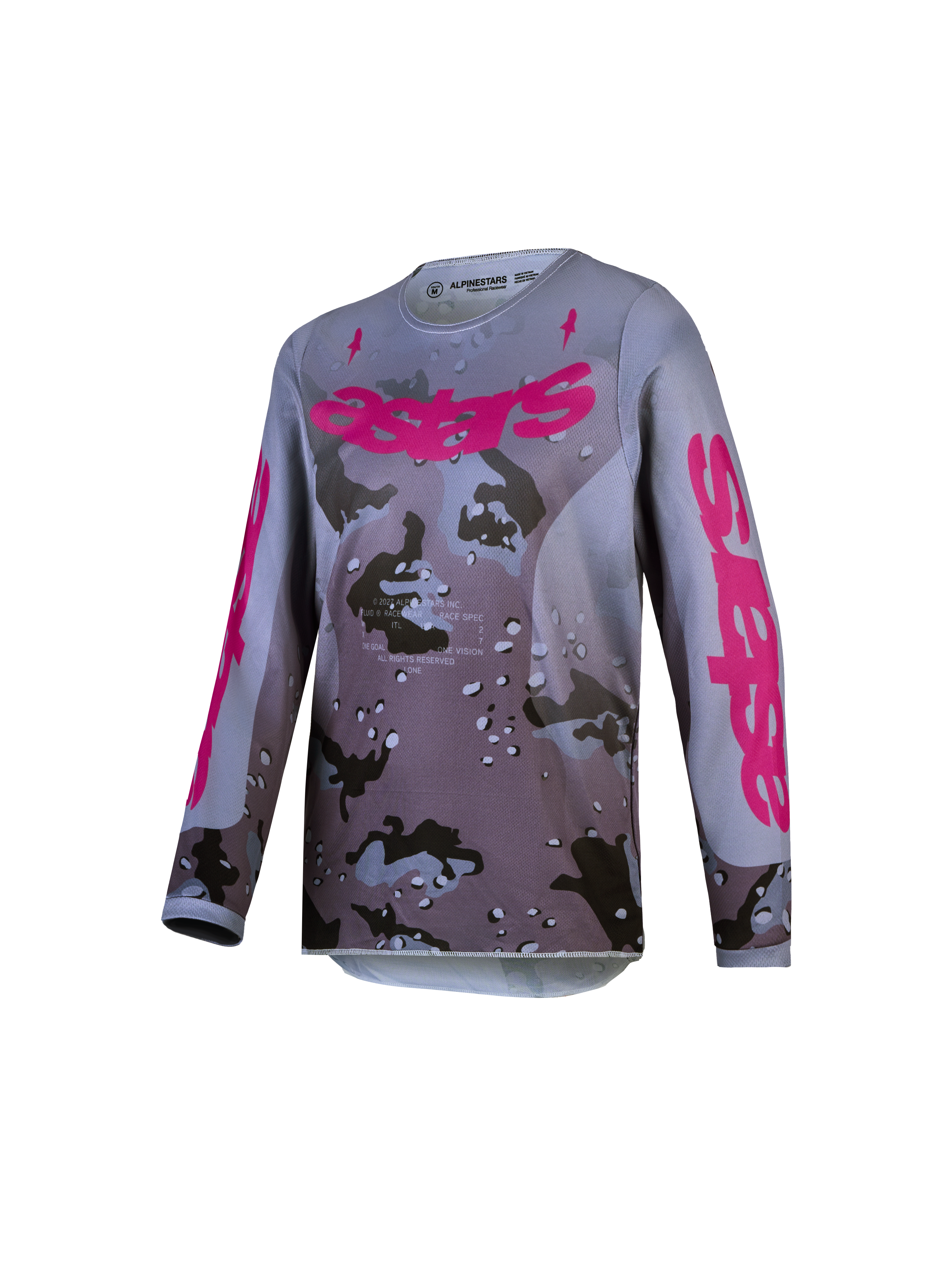 Alpinestars Fluid Jugend-Trikot Lone 2027, Motocross-Oberteil in Grau Camo und Lila, aus atmungsaktivem Polygewebe.