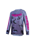 Alpinestars Youth Fluid Lone Jersey, youth motocross racing jersey, gray camo and purple, breathable moisture-wicking polyfabric.