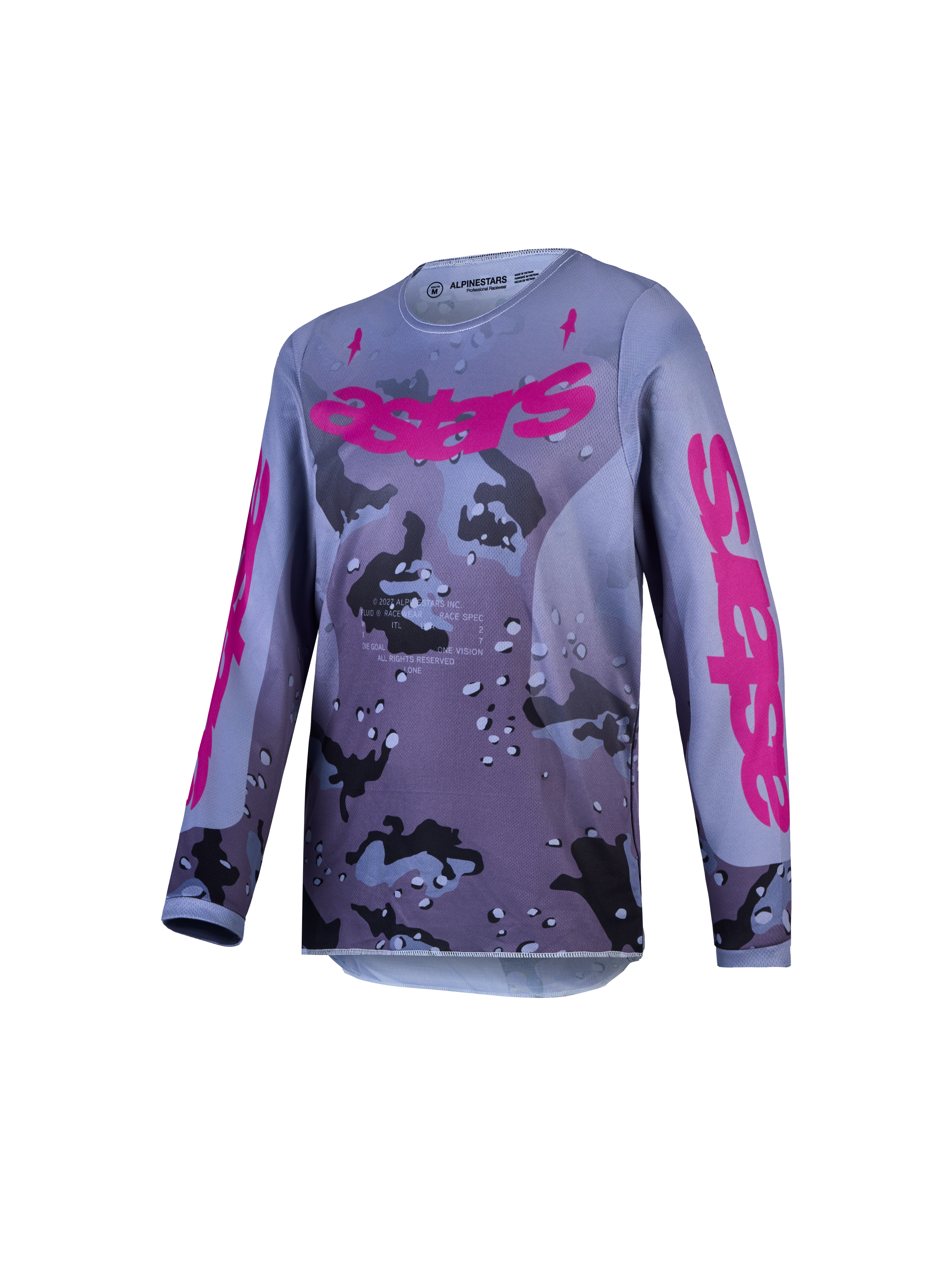 Alpinestars Youth Fluid Lone Jersey, youth motocross racing jersey, gray camo and purple, breathable moisture-wicking polyfabric.