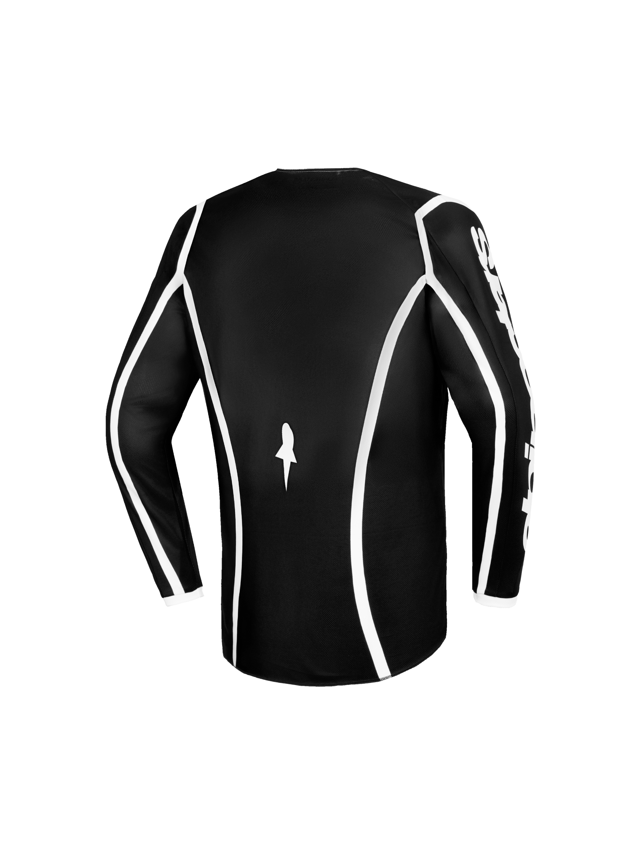 Alpinestars 2026 Youth Fluid Apex Trikot, Motocross-Trikot, Schwarz und Weiß, Rückansicht mit weißen geschwungenen Paspeln, kleines weißes Logo am unteren Rücken, Alpinestars-Branding am Ärmel, Performance-Bekleidung für junge Offroad-Fahrer