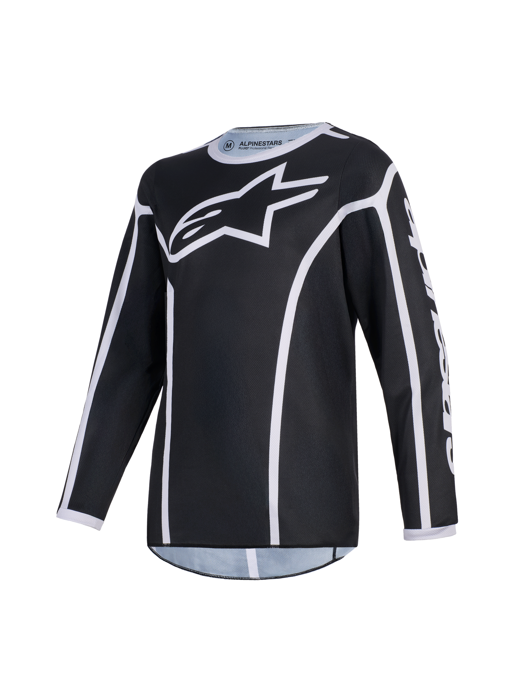 Alpinestars 2026 Youth Fluid Apex Trikot, Motocross-Trikot, Schwarz und Grau, mit einem großen weißen A-Star-Logo auf der Brust, weißen Paspel-Akzenten und einem Sportkragen, langärmelige Performance-Ausrüstung für Jugend-Offroad-Fahrten
