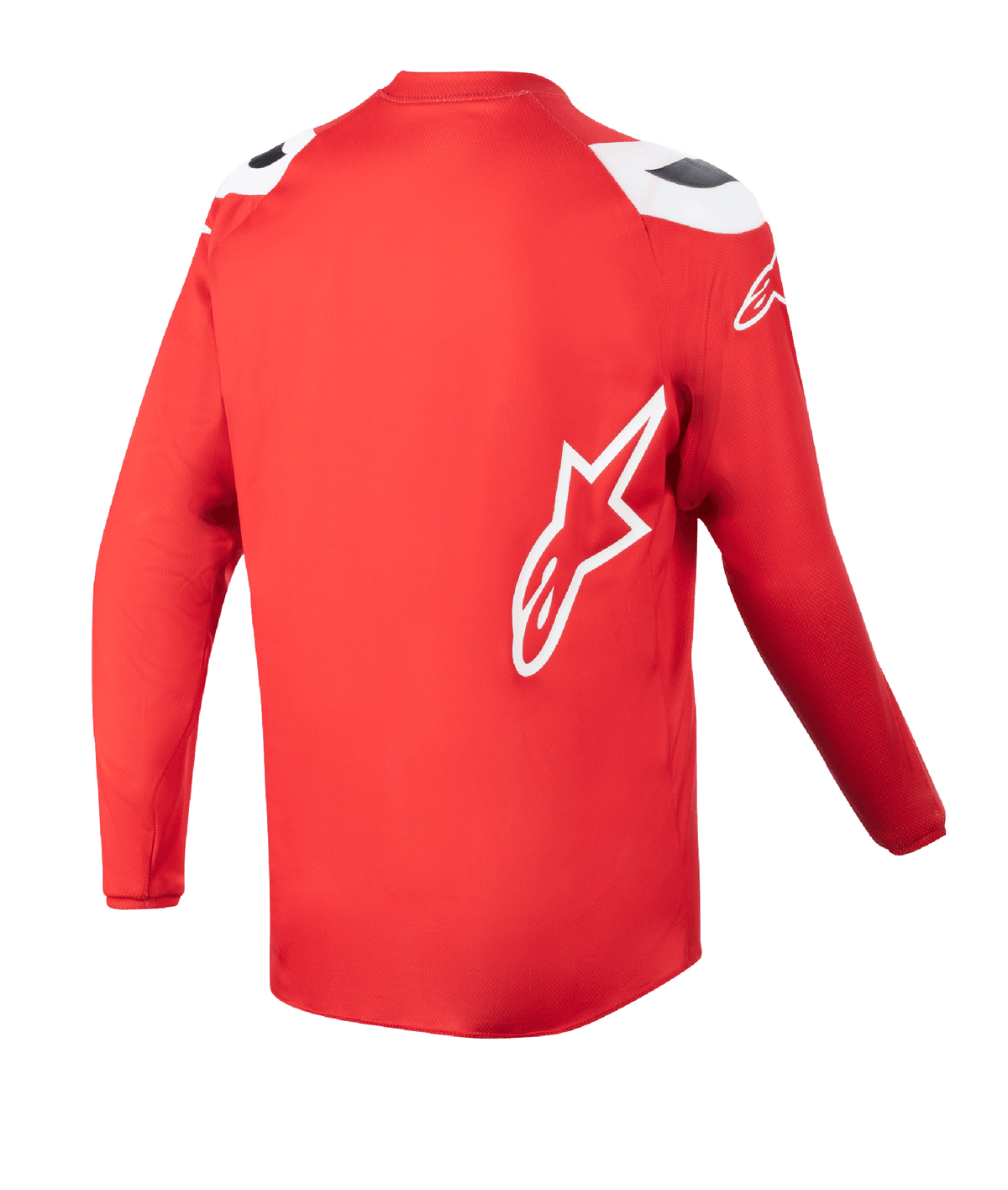 Alpinestars Youth 2023 Racer Narin Jersey, Jugend-Motocross-Trikot, Mars-Rot und Weiß, Rückansicht mit verlängertem Rückensaum, weißes Alpinestars Stern-Logo an der Seite, Performance-Offroad-Bekleidung