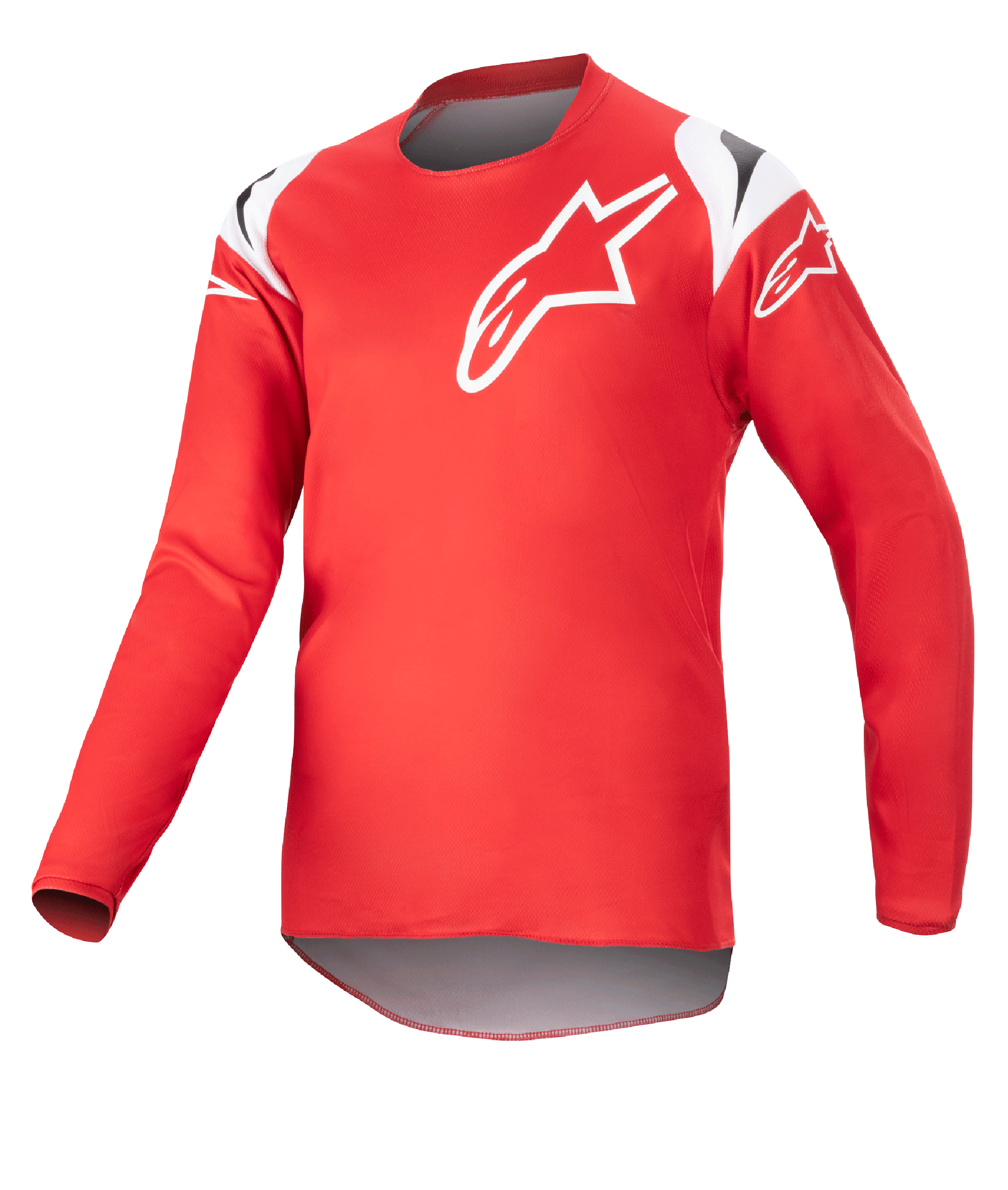 Alpinestars Youth 2023 Racer Narin Trikot, Jugend-Motocross-Jersey, Mars-Rot und Weiß, mit einem großen weißen Stern-Logo auf der Brust und Schulterakzenten, leichtes langärmeliges Funktionsgewebe für den Offroad-Rennsport