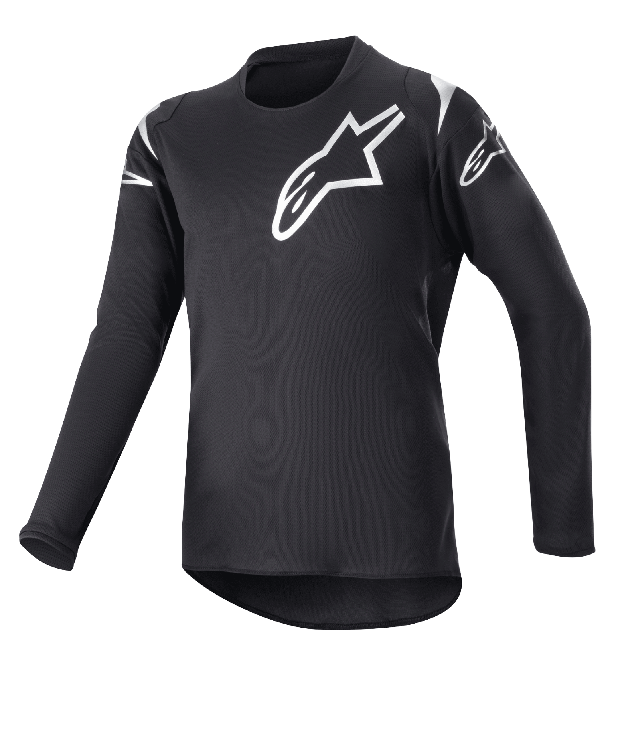 Alpinestars Youth 2023 Racer Graphite Jersey, Motocross-Trikot für Jugendliche, Schwarz und reflektierendes Schwarz, weiße Stern-Logos auf Brust und Schultern, Langarm, leichtes feuchtigkeitsableitendes Gewebe mit verlängertem Rückensaum, sportliches Design für den Offroad-Sport