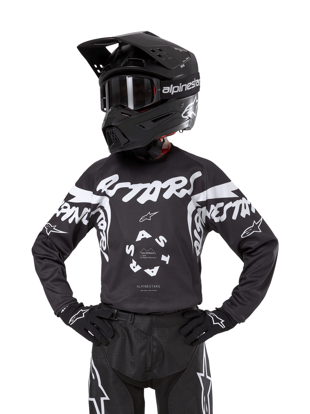 Alpinestars 2024 Youth Racer Hana Trikot, Jugend-Motocross-Trikot, Schwarz und Weiß mit grafischen Akzenten, leichtes und feuchtigkeitsableitendes Material, Langarm, sportliche Schutzausrüstung für Kinder.