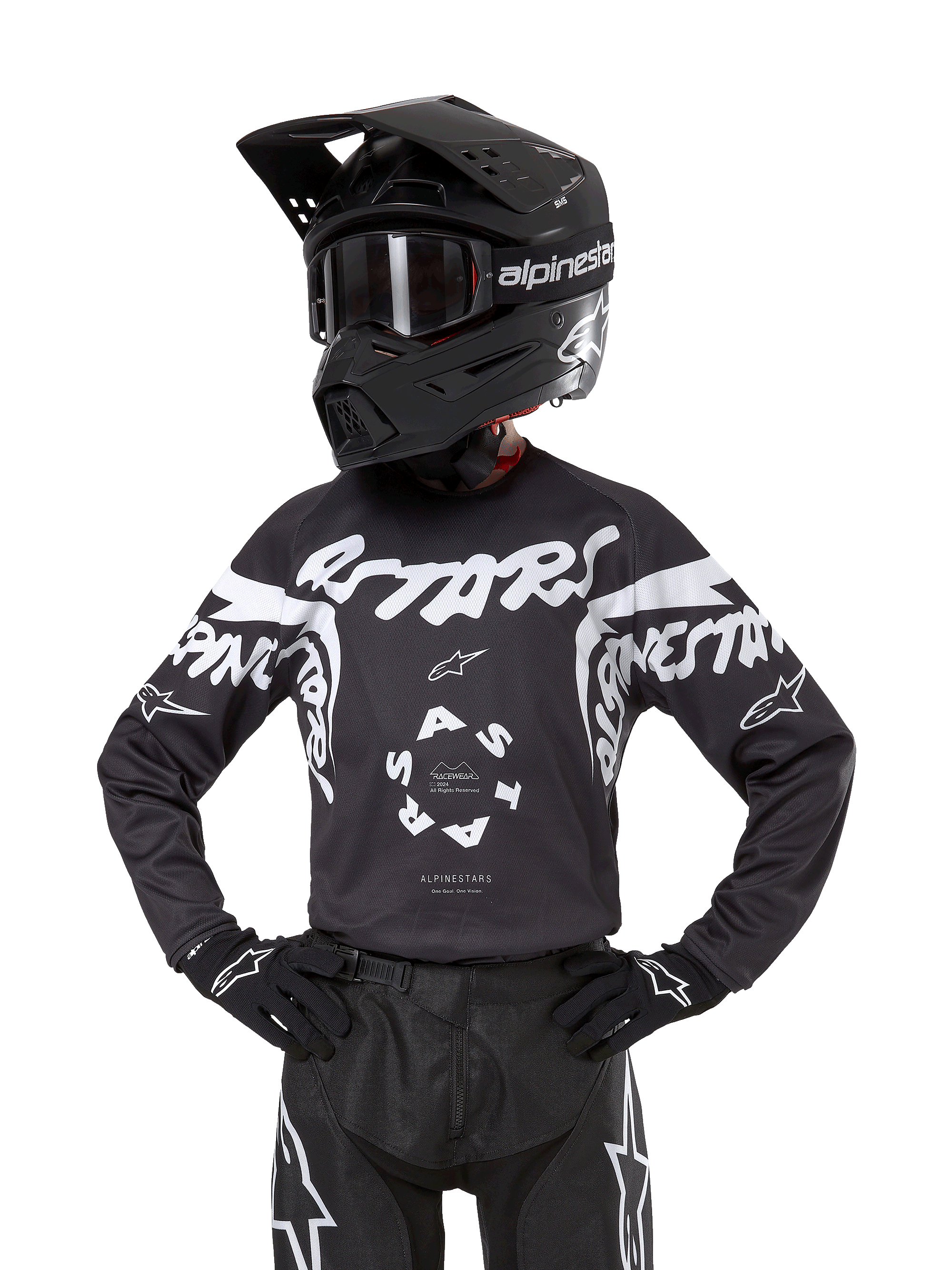 Alpinestars 2024 Youth Racer Hana Trikot, Jugend-Motocross-Trikot, Schwarz und Weiß mit grafischen Akzenten, leichtes und feuchtigkeitsableitendes Material, Langarm, sportliche Schutzausrüstung für Kinder.