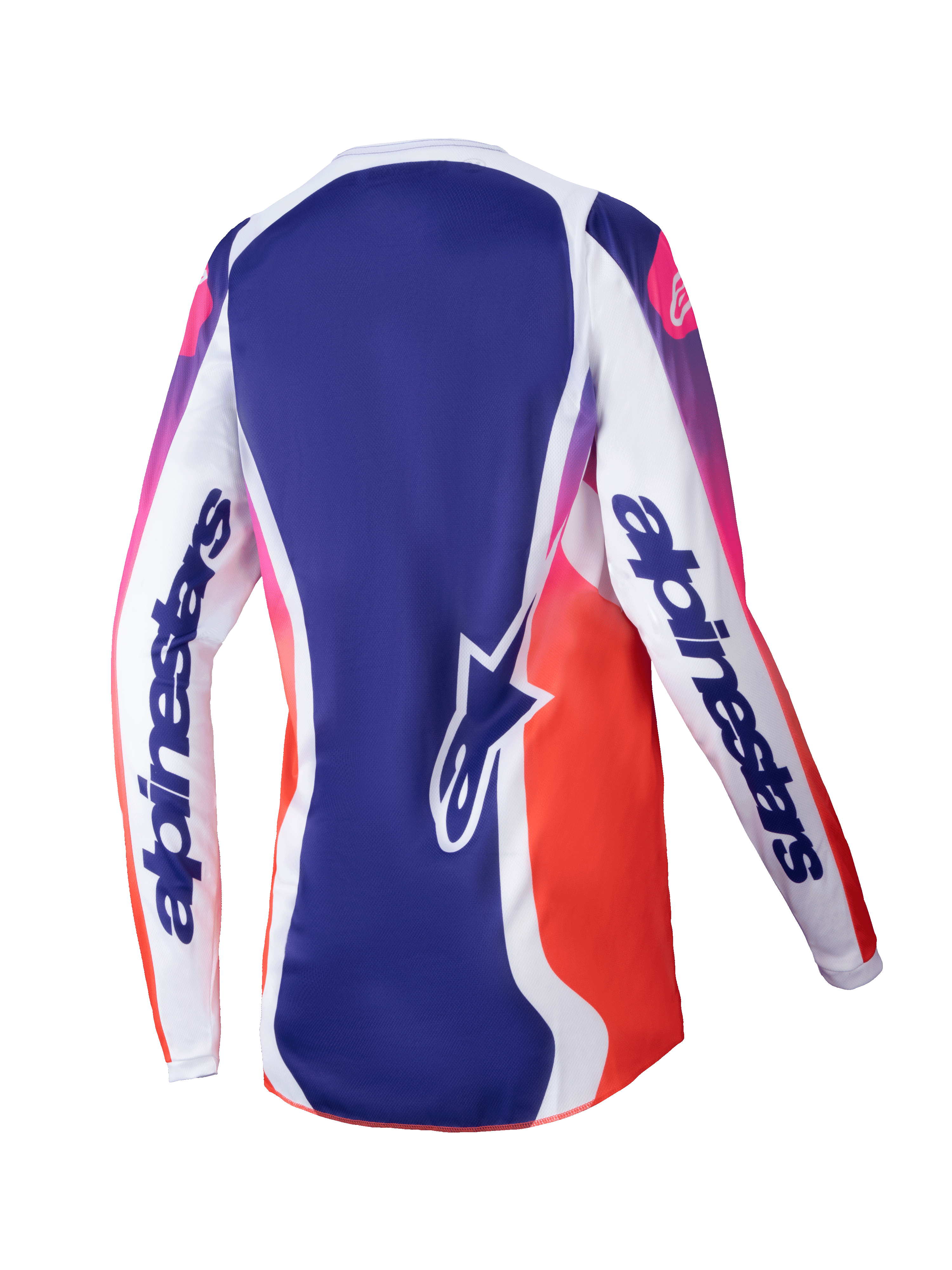 Alpinestars 2025 Woman Stella Fluid Wurx Jersey, Women's Motocross Jersey, Multicolor White with blue and pink-to-orange gradients, back view showing white sleeves with bold branding, blue center panel with star logo, and moisture-wicking athletic design