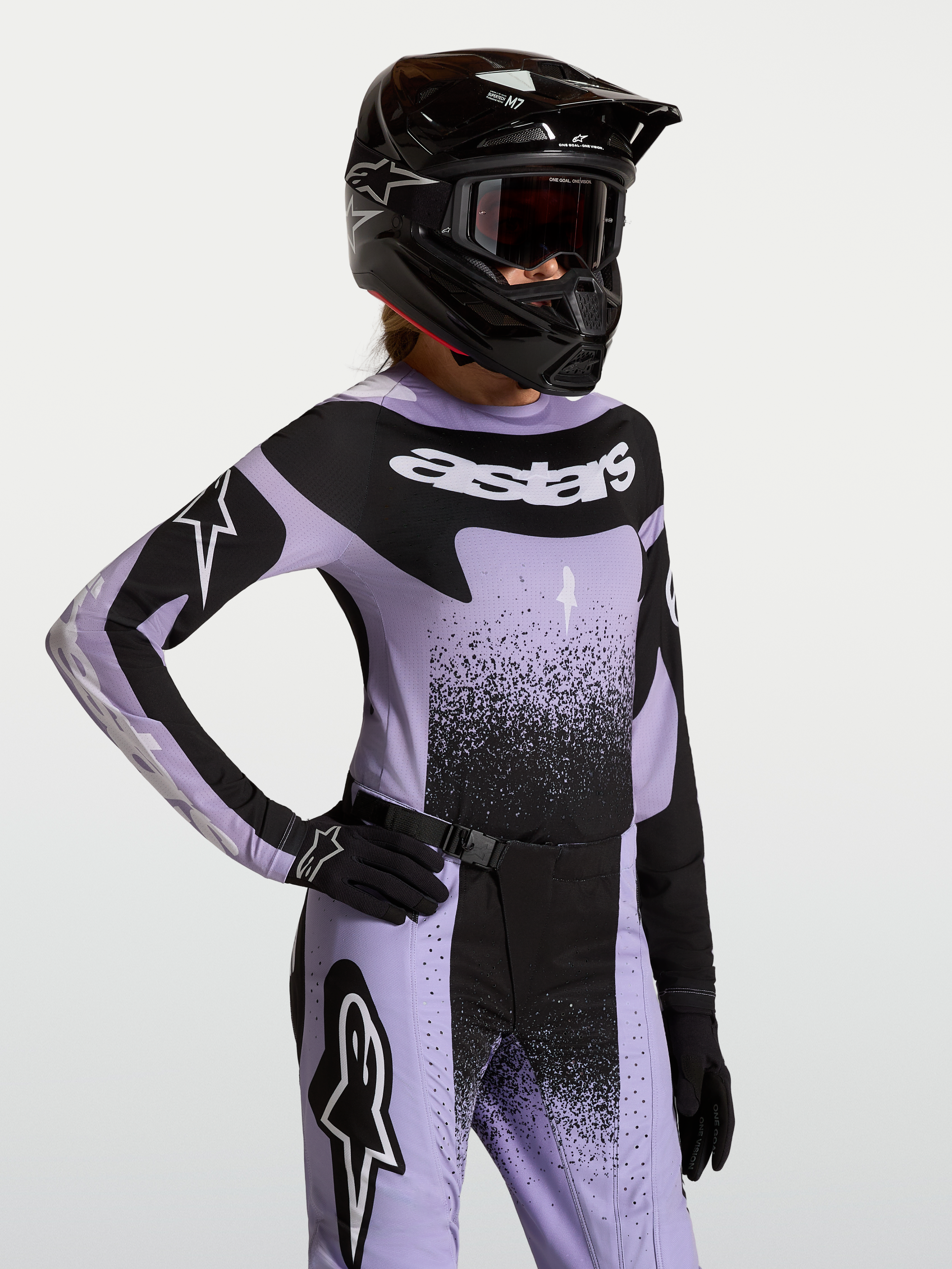 Alpinestars Stella Techstar Swan Trikot, Damen-Motocross-Oberteil in Hellviolett und Schwarz, athletische Rennpassform.