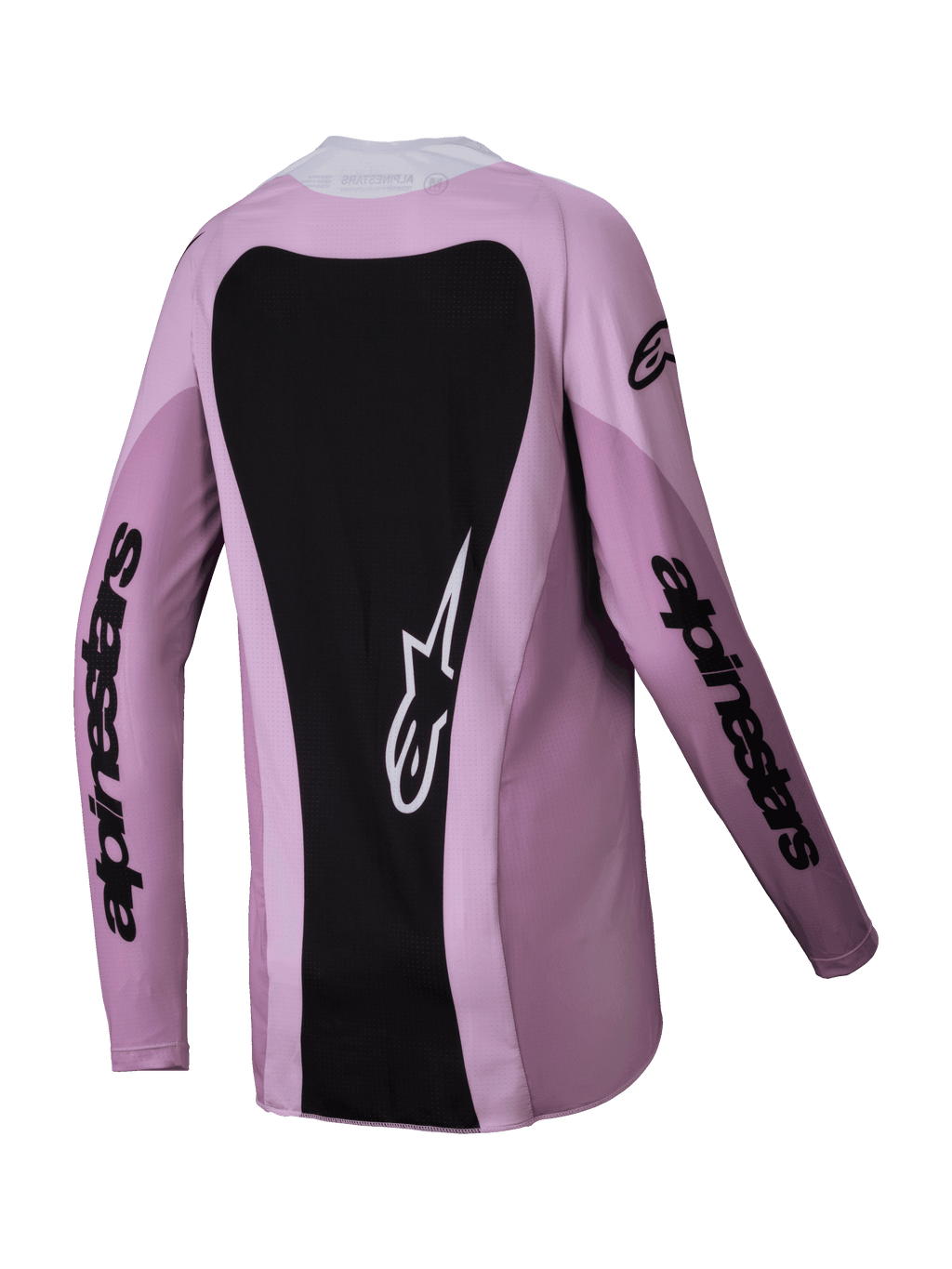 Alpinestars 2025 Stella Techstar Melt Damen-Trikot, Motocross-Trikot, Blush Black (Rosa und Schwarz), Rückansicht mit einem großen schwarzen Einsatz und weißem Stern-Logo, lange Ärmel mit schwarzem Schriftzug, Performance-Offroad-Ausrüstung für Frauen