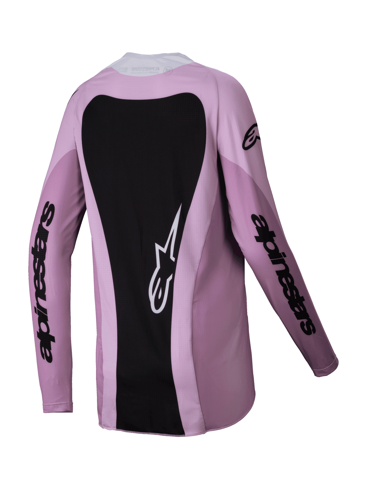 Alpinestars 2025 Stella Techstar Melt Damen-Trikot, Motocross-Trikot, Blush Black (Rosa und Schwarz), Rückansicht mit einem großen schwarzen Einsatz und weißem Stern-Logo, lange Ärmel mit schwarzem Schriftzug, Performance-Offroad-Ausrüstung für Frauen