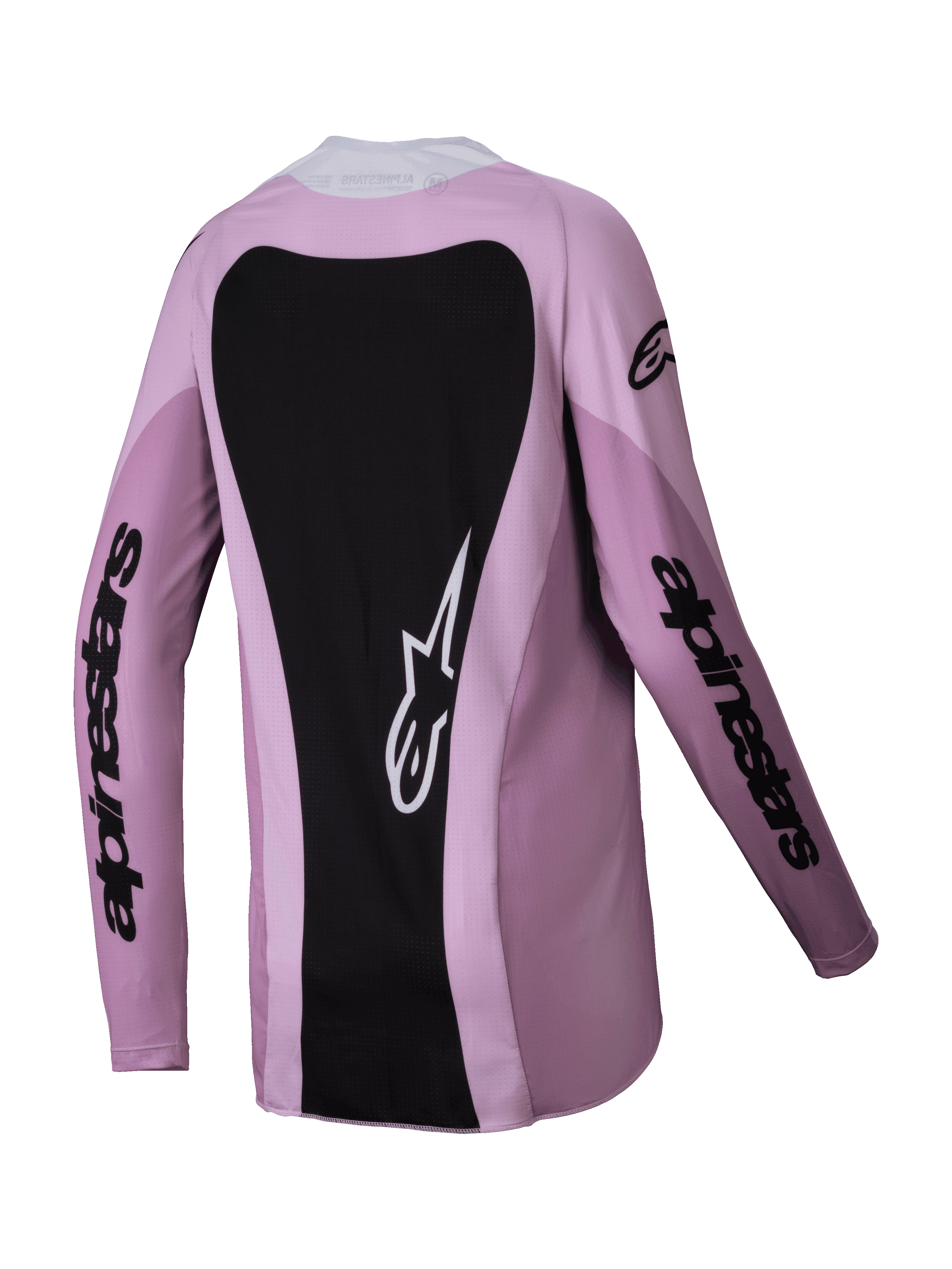 Alpinestars 2025 Stella Techstar Melt Damen-Trikot, Motocross-Trikot, Blush Black (Rosa und Schwarz), Rückansicht mit einem großen schwarzen Einsatz und weißem Stern-Logo, lange Ärmel mit schwarzem Schriftzug, Performance-Offroad-Ausrüstung für Frauen