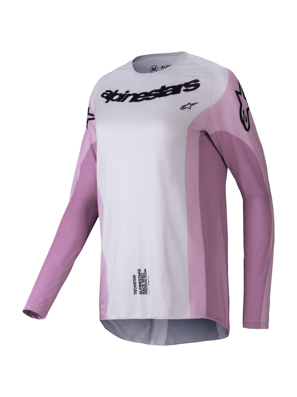 Alpinestars 2025 Stella Techstar Melt Trikot, Damen-Motocross-Langarmtrikot, Blush Pink und Hellgrau mit schwarzem Branding, lasergeschnittene Perforationen zur Belüftung, sportliche Rennbekleidung