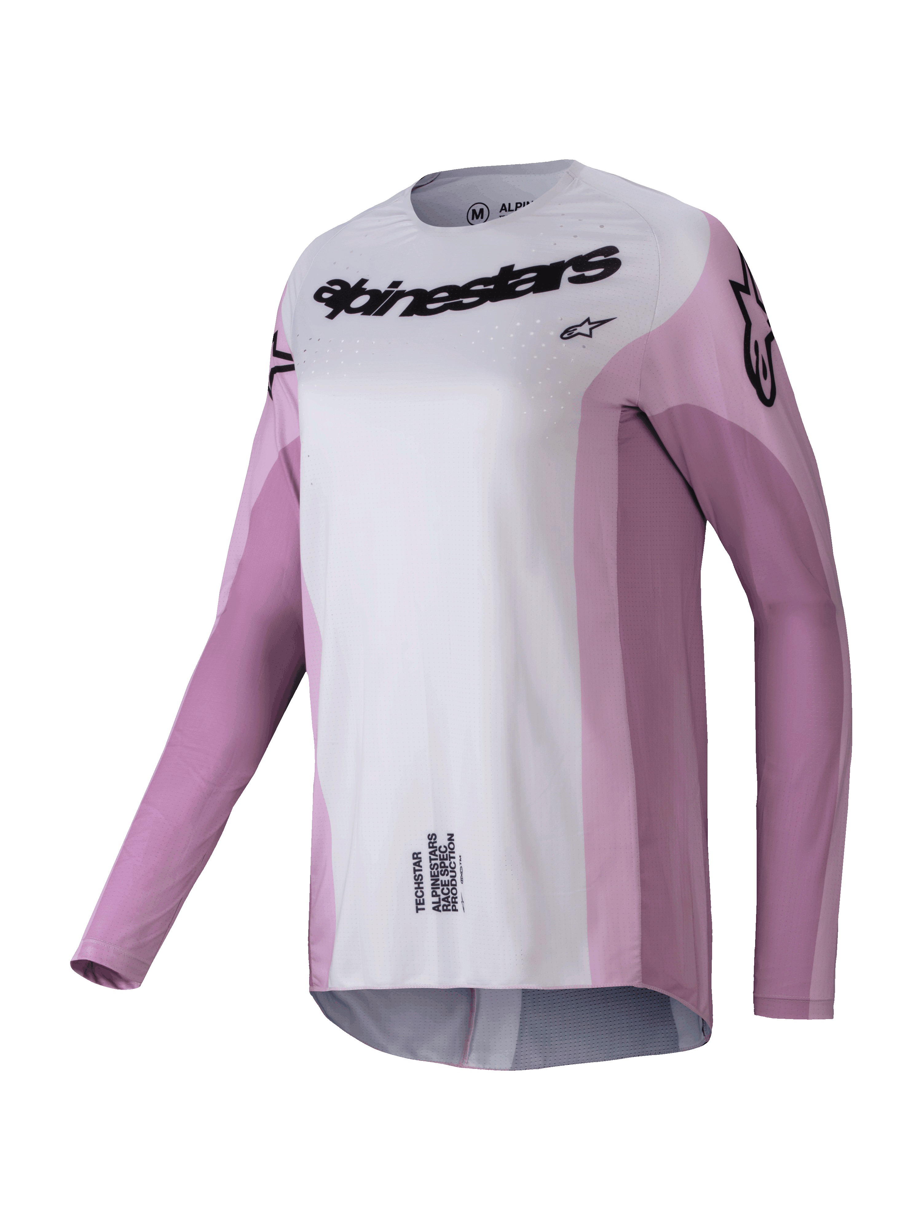 Alpinestars 2025 Stella Techstar Melt Trikot, Damen-Motocross-Langarmtrikot, Blush Pink und Hellgrau mit schwarzem Branding, lasergeschnittene Perforationen zur Belüftung, sportliche Rennbekleidung