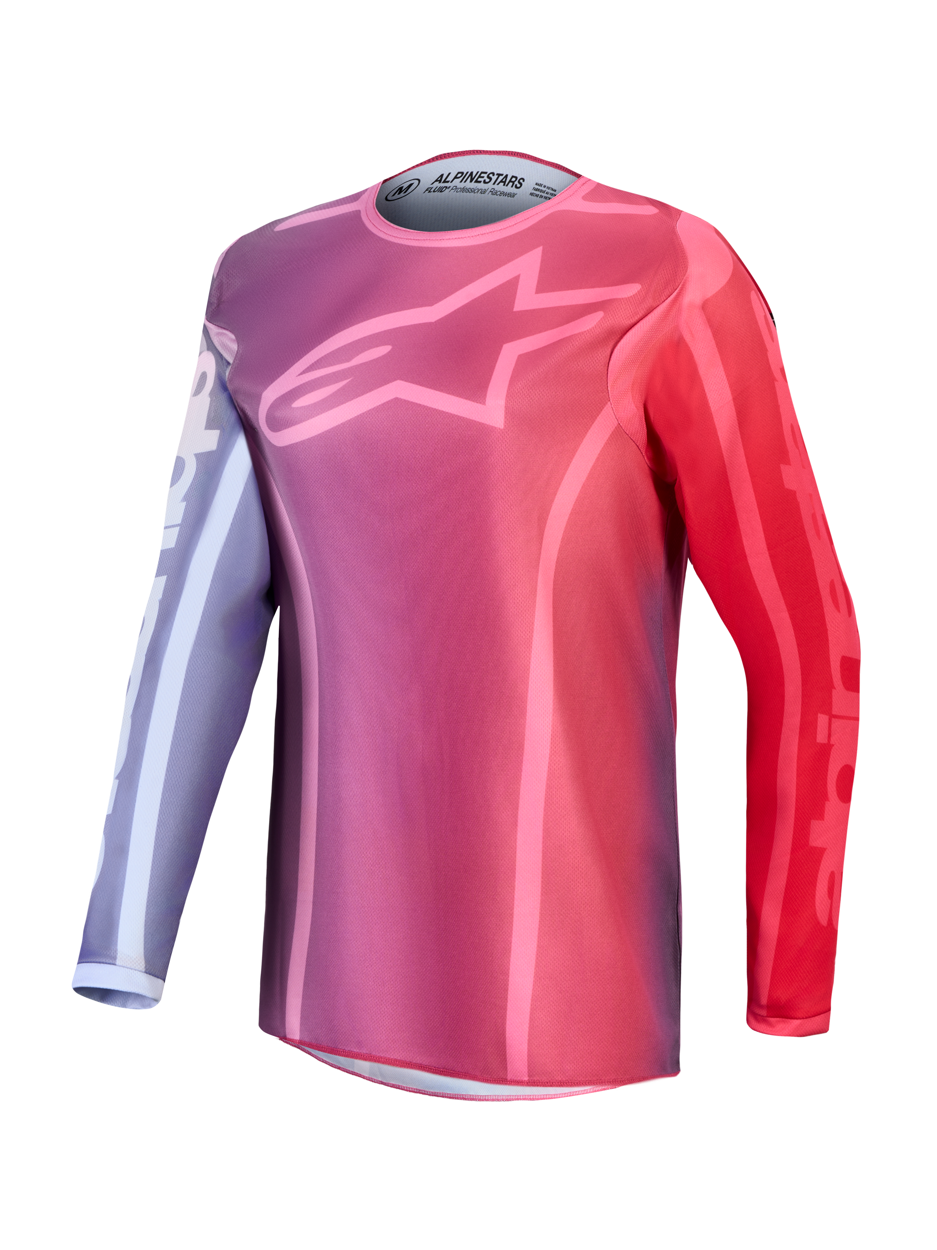 Alpinestars Stella Fluid Kepler Trikot, Damen-Motocross-Trikot in Lila und Rot mit Stern-Logo auf der Brust, leichte und atmungsaktive Polygewebe-Konstruktion für Offroad-Performance.
