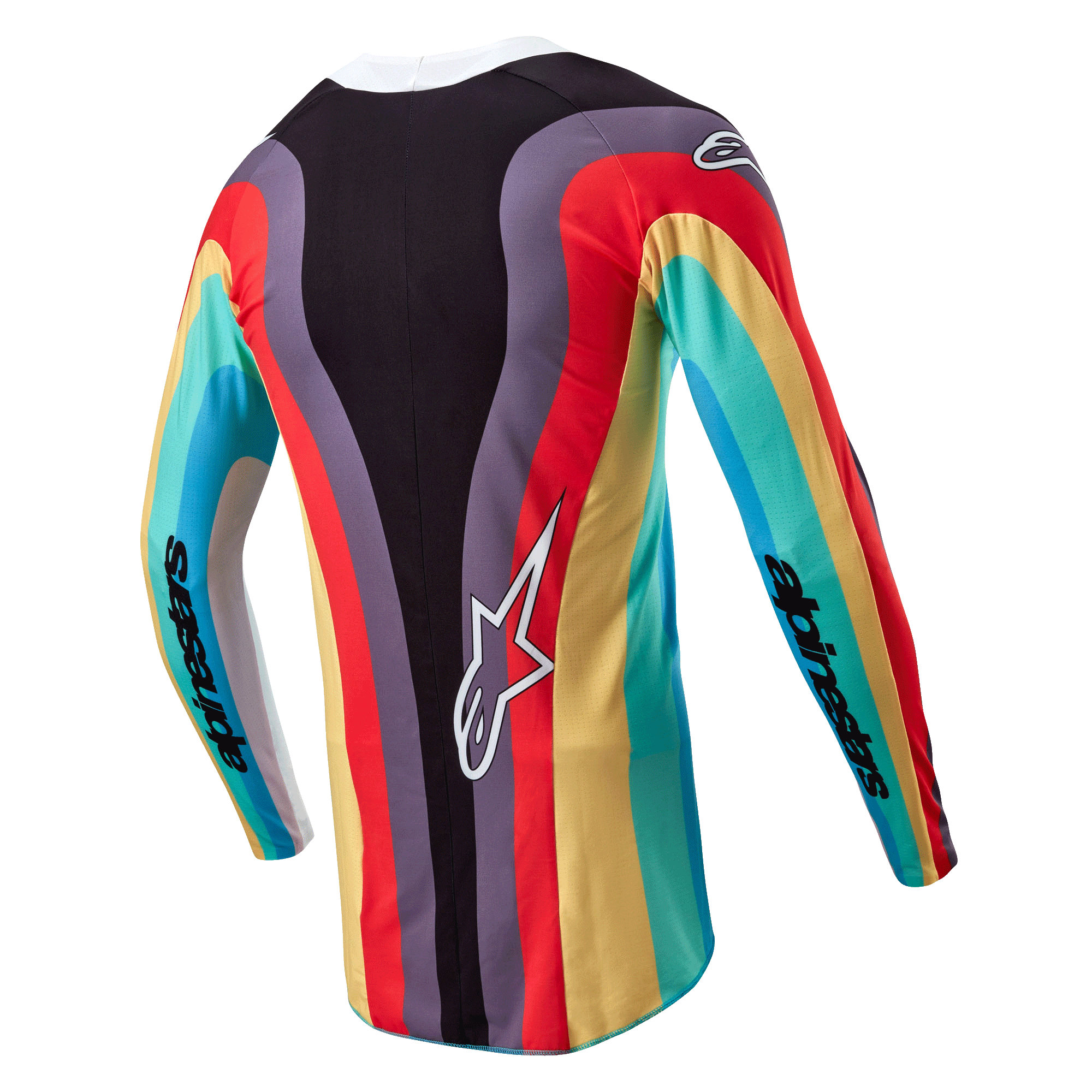 Alpinestars Stella 2024 Techstar Damen-Trikot, Motocross-Trikot, Schwarz Mehrfarbig, Rückansicht mit einem lebhaften wellenförmigen Mehrfarbenmuster in Rot, Gelb und Türkis, weißes Astar-Logo auf dem unteren Rücken, Alpinestars-Branding auf den Ärmeln.