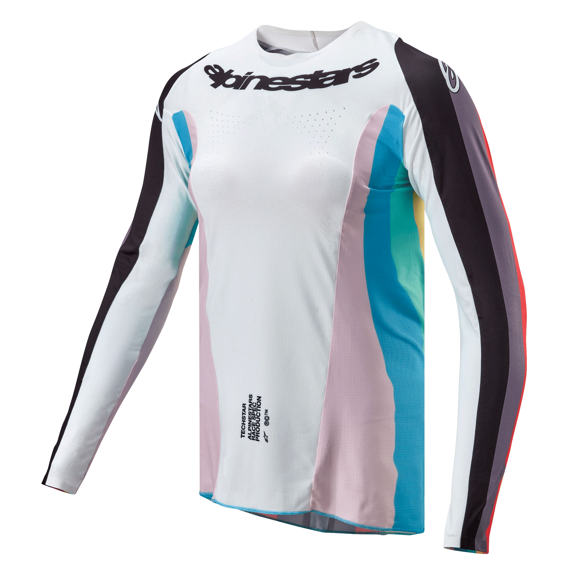 Alpinestars Damen Stella 2024 Techstar Trikot, Motocross-Trikot, Schwarz Mehrfarbig, weißer Hauptteil mit pinken und blaugrünen Seiteneinsätzen, schwarz gestreifte Ärmel, Alpinestars-Logo auf der Brust, athletische Damenpassform mit Belüftungsperforationen