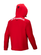 Alpinestars Racer MX Fleece, Bright Red motocross hoodie, back view, featuring a white Alpinestars wordmark across the upper back, integrated hood, and ergonomic design for off-road performance