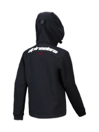 Alpinestars Youth Racer MX Fleece, schwarzer Motocross-Hoodie, Rückansicht mit weißem Alpinestars-Schriftzug über den Schultern, strukturiertes Fleece mit kompakter Kapuze, ergonomisches Design für Offroad-Fahrten
