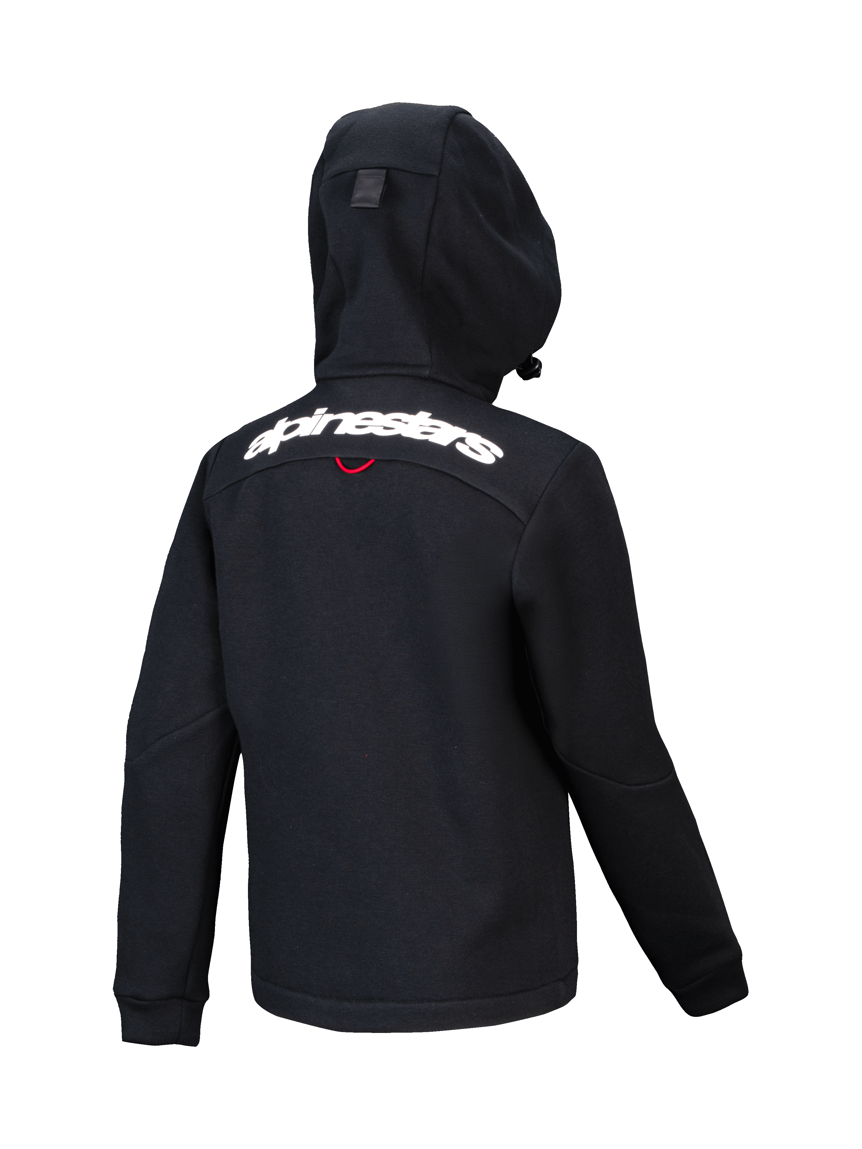 Alpinestars Youth Racer MX Fleece, schwarzer Motocross-Hoodie, Rückansicht mit weißem Alpinestars-Schriftzug über den Schultern, strukturiertes Fleece mit kompakter Kapuze, ergonomisches Design für Offroad-Fahrten