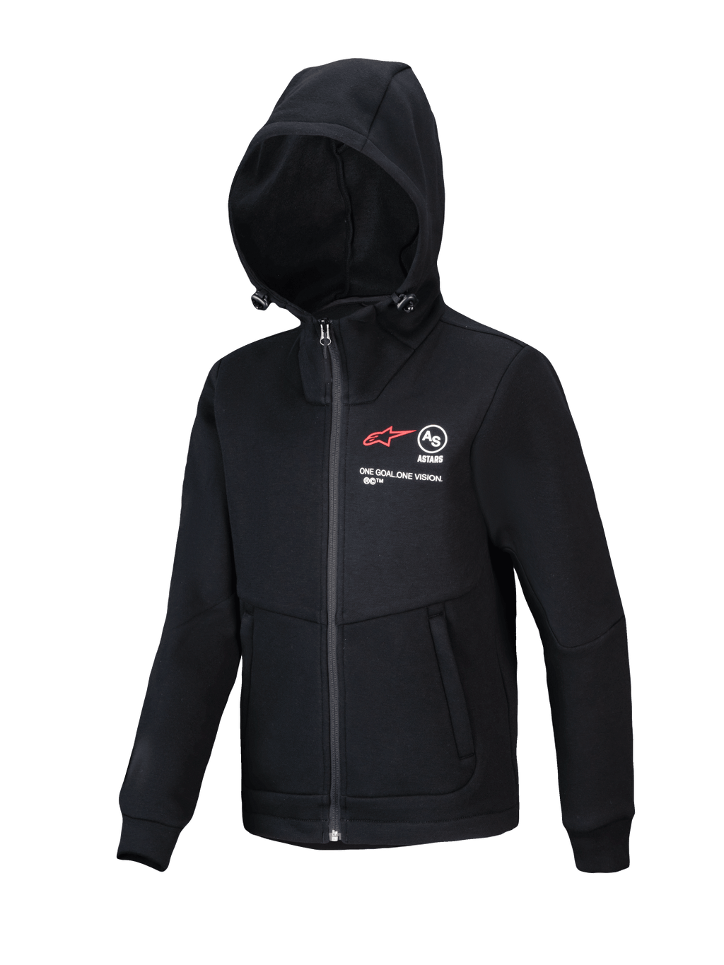 Alpinestars Youth Racer MX Fleece, schwarzer Motocross-Hoodie, Fleecejacke mit durchgehendem Reißverschluss und verstellbarer Kapuze, mit rotem A-Star-Logo und „ONE GOAL. ONE VISION.“-Schriftzug, Reißverschlusstaschen, funktionale Freizeitbekleidung für junge Fahrer
