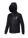 Alpinestars Youth Racer MX Fleece, schwarzer Motocross-Hoodie, Fleecejacke mit durchgehendem Reißverschluss und verstellbarer Kapuze, mit rotem A-Star-Logo und „ONE GOAL. ONE VISION.“-Schriftzug, Reißverschlusstaschen, funktionale Freizeitbekleidung für junge Fahrer