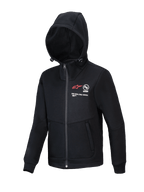Alpinestars Youth Racer MX Fleece, schwarzer Motocross-Hoodie, Fleecejacke mit durchgehendem Reißverschluss und verstellbarer Kapuze, mit rotem A-Star-Logo und „ONE GOAL. ONE VISION.“-Schriftzug, Reißverschlusstaschen, funktionale Freizeitbekleidung für junge Fahrer