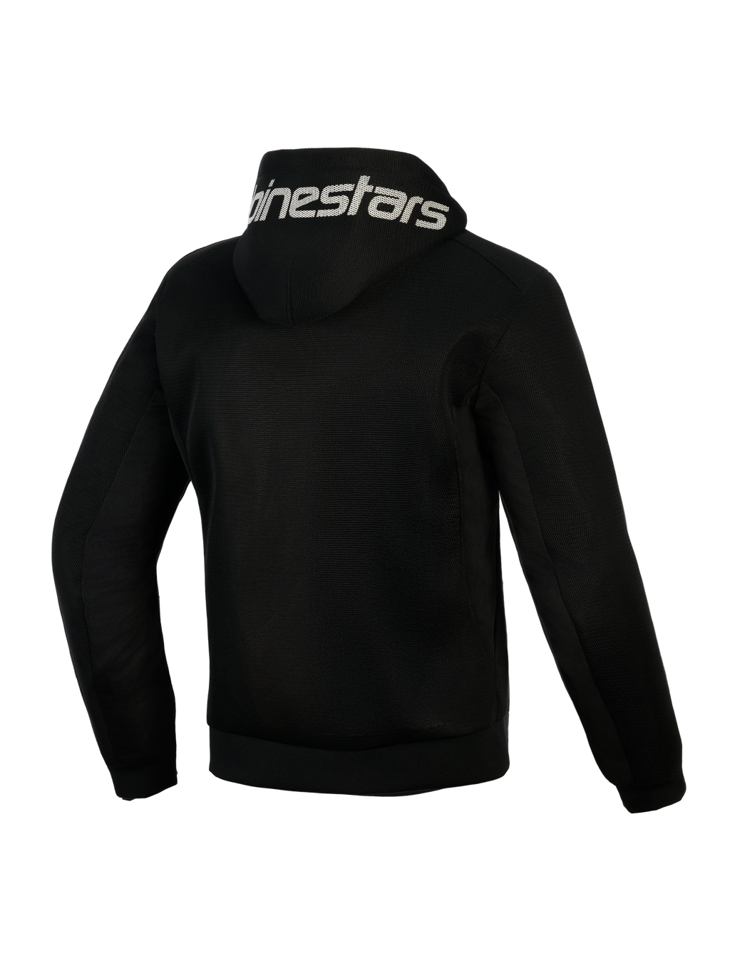 Alpinestars Chrome Superairflow Hoodie, Schwarz, Rückansicht, weißer Alpinestars-Schriftzug auf der Kapuze, vollständige 3D-Mesh-Konstruktion für Belüftung, schützende Motorradbekleidung für warmes Wetter