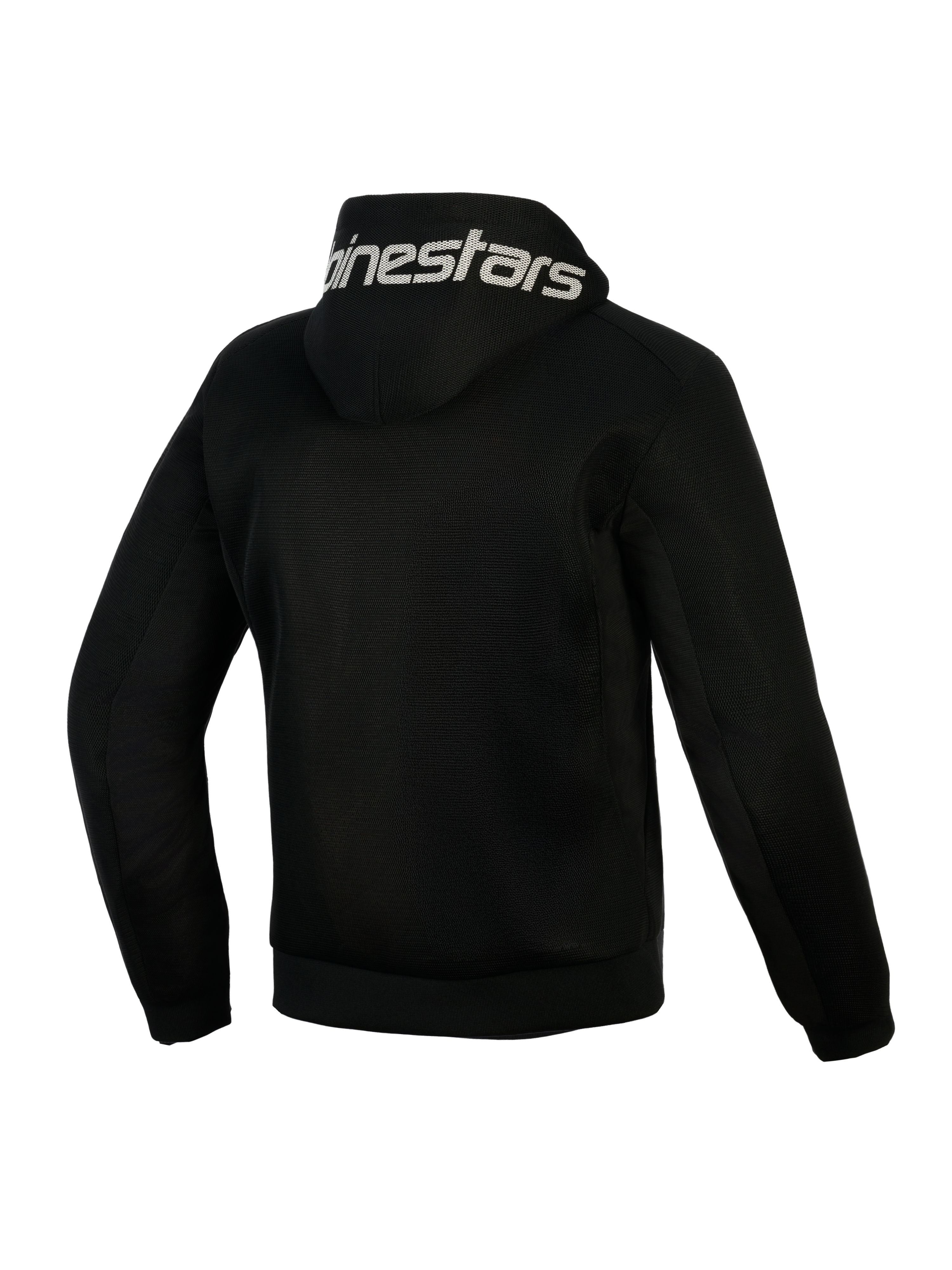 Alpinestars Chrome Superairflow Hoodie, Schwarz, Rückansicht, weißer Alpinestars-Schriftzug auf der Kapuze, vollständige 3D-Mesh-Konstruktion für Belüftung, schützende Motorradbekleidung für warmes Wetter
