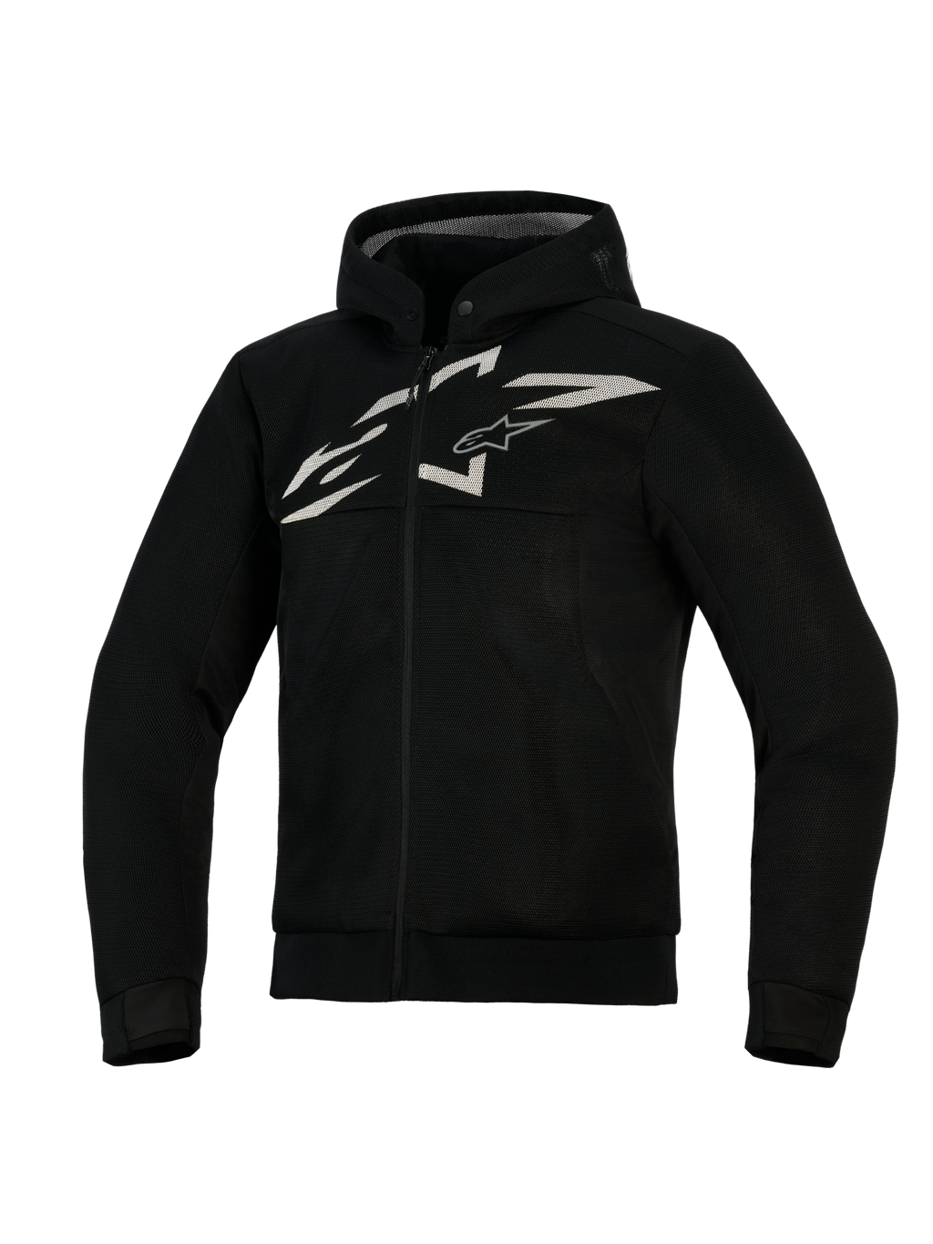 Alpinestars Chrome Superairflow Hoodie, belüfteter Motorrad-Hoodie, Schwarz mit weißem und grauem Logo, vollständige 3D-Mesh-Konstruktion, Reißverschluss vorne mit integrierter Kapuze, sportliche Passform für sportliches Fahren