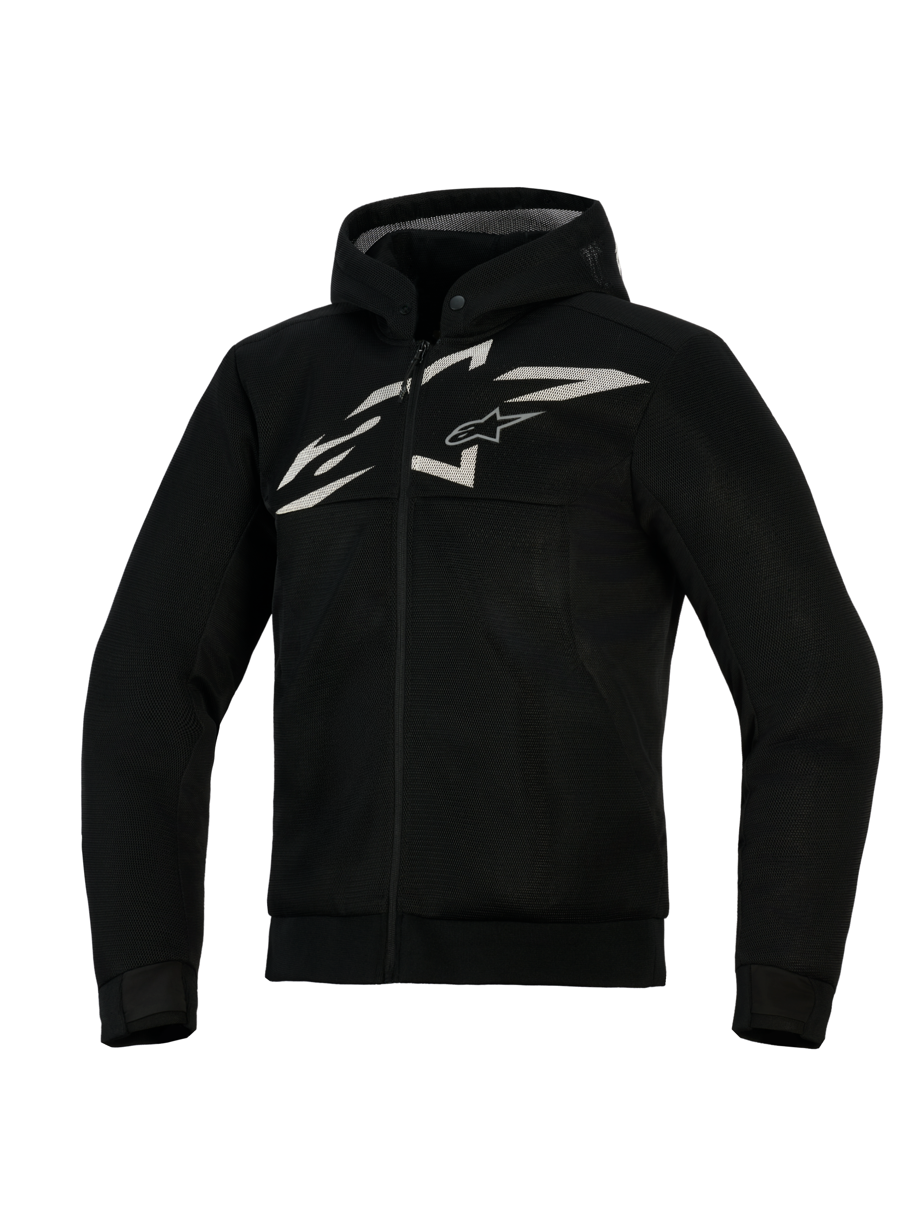 Alpinestars Chrome Superairflow Hoodie, belüfteter Motorrad-Hoodie, Schwarz mit weißem und grauem Logo, vollständige 3D-Mesh-Konstruktion, Reißverschluss vorne mit integrierter Kapuze, sportliche Passform für sportliches Fahren