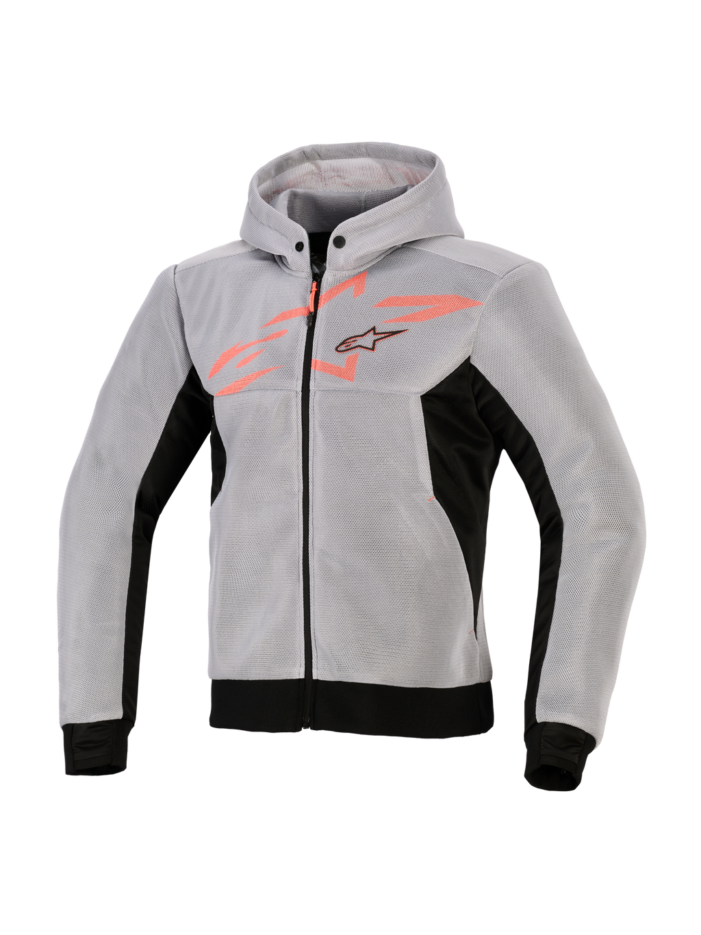 Alpinestars Chrome Superairflow Hoodie, technischer Motorrad-Kapuzenpullover, Schwarz, Mittelgrau und Fluo-Rot, 3D-Mesh-Konstruktion, hellgrau mit schwarzen Seiteneinsätzen und Saum, fluo-rote Brustgrafik mit Alpinestars-Sternlogo, sportliche Motorradausrüstung