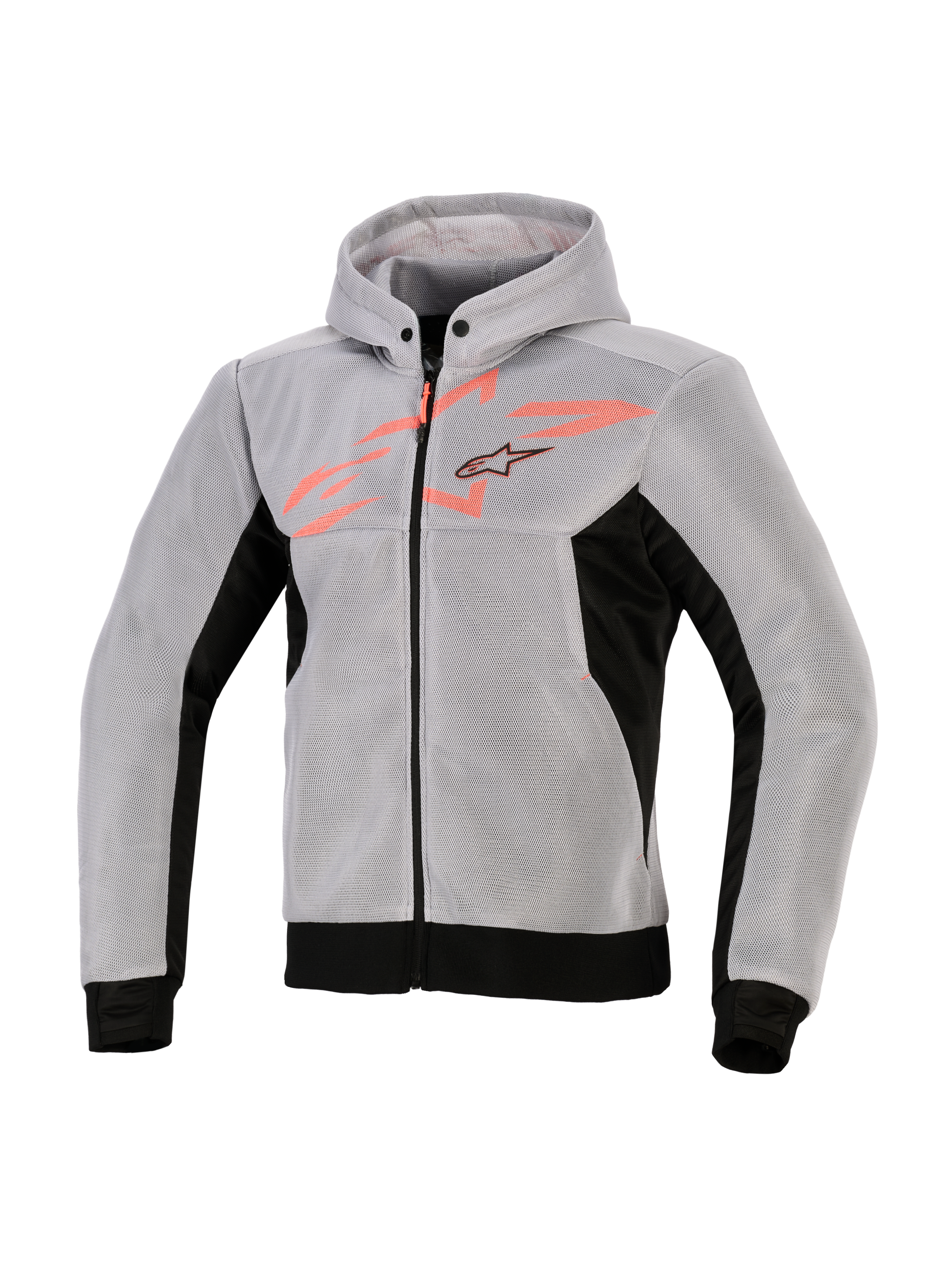 Alpinestars Chrome Superairflow Hoodie, technischer Motorrad-Kapuzenpullover, Schwarz, Mittelgrau und Fluo-Rot, 3D-Mesh-Konstruktion, hellgrau mit schwarzen Seiteneinsätzen und Saum, fluo-rote Brustgrafik mit Alpinestars-Sternlogo, sportliche Motorradausrüstung
