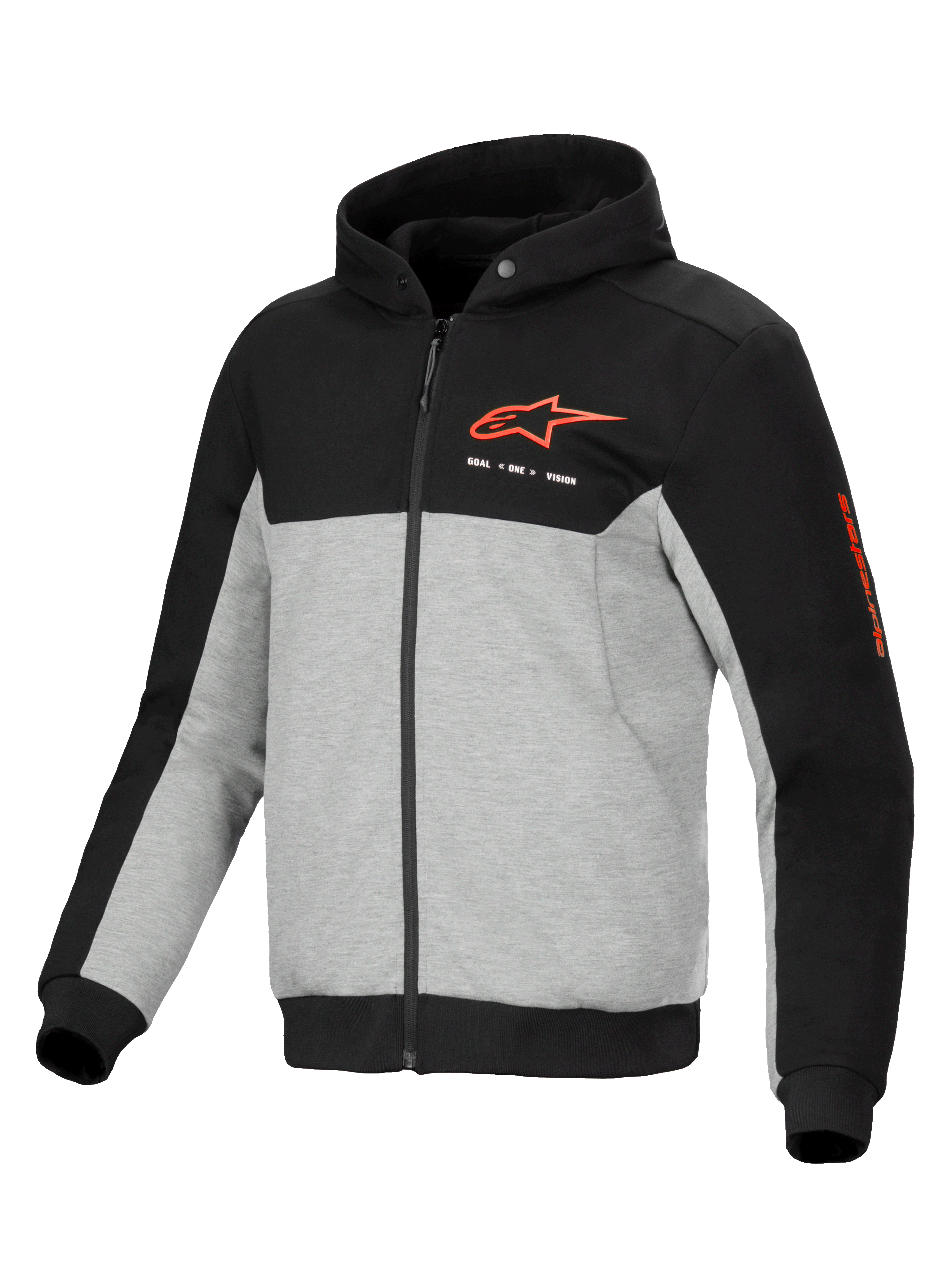 Alpinestars Chrome V2 Sport Kapuzenpullover, Urban Motorradjacke für Herren, Schwarz und Grau-Meliert, mit CE-zertifizierten Protektoren und Aramid-Verstärkungen.