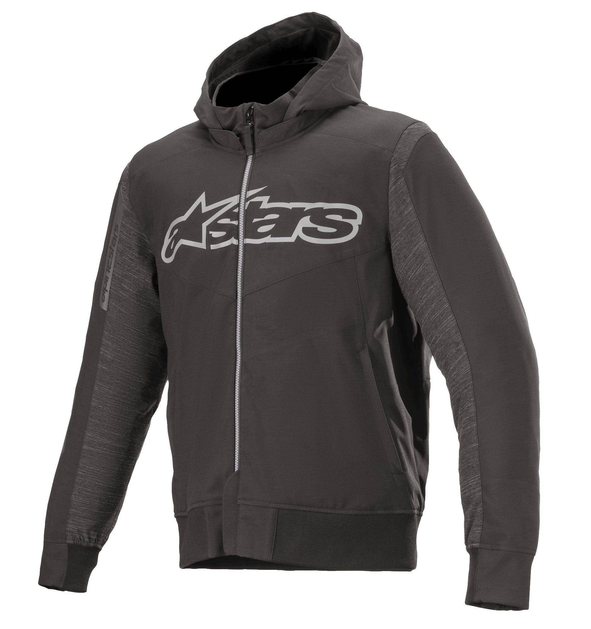 Alpinestars Rhod Windstopper Hoodie, Melange-Schwarz und Dunkelgrau, großes hellgraues Astars-Logo auf der Brust, Motorradjacke mit Kapuze und durchgehendem Reißverschluss, strukturierte Seiteneinsätze, gerippte Bündchen und Taillenbund, urbane Schutzausrüstung