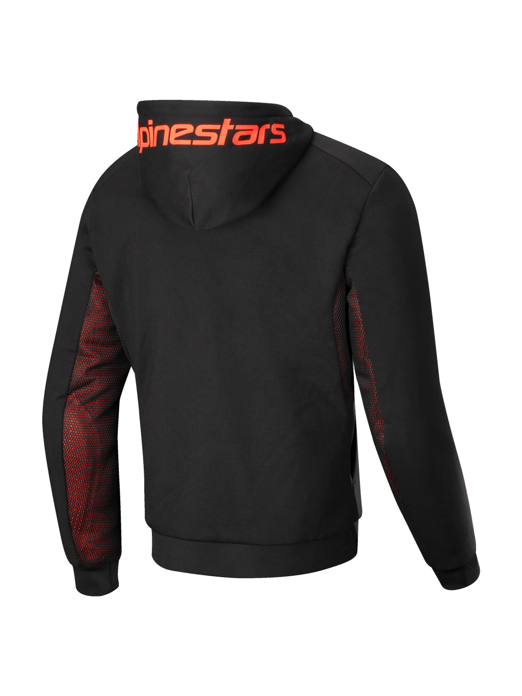 Alpinestars Chrome Air Sport Kapuzenjacke, Herren-Motorradjacke, Rückansicht mit schwarzer Tech-Fleece-Konstruktion, rot-fluoreszierenden Mesh-Seitenpaneelen und Ärmelunterseiten sowie großem Alpinestars-Schriftzug auf der Kapuze, CE-zertifiziert Klasse A