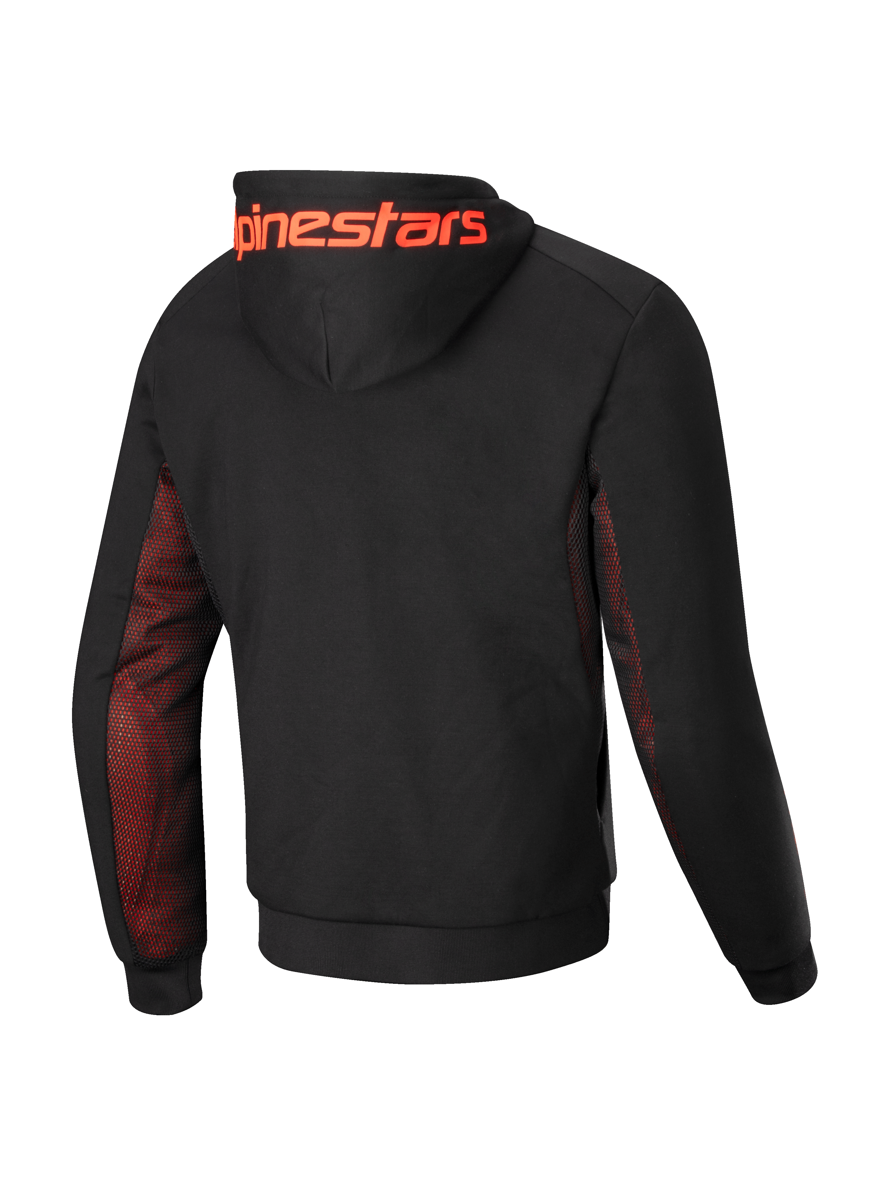 Alpinestars Chrome Air Sport Kapuzenjacke, Herren-Motorradjacke, Rückansicht mit schwarzer Tech-Fleece-Konstruktion, rot-fluoreszierenden Mesh-Seitenpaneelen und Ärmelunterseiten sowie großem Alpinestars-Schriftzug auf der Kapuze, CE-zertifiziert Klasse A