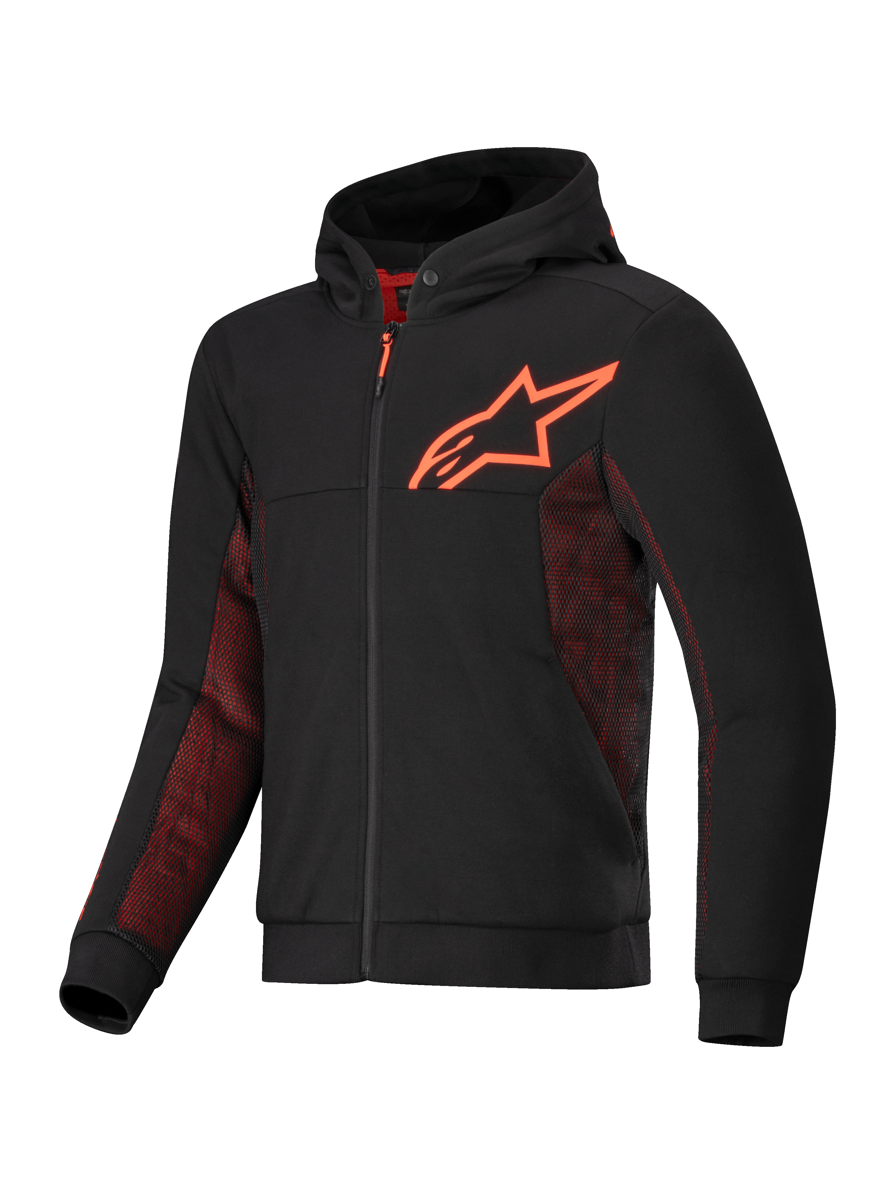 Alpinestars Chrome Air Sport Kapuzenjacke, CE-zertifizierte Motorradjacke für das urbane Fahren, Schwarz und Rot, mit Tech-Fleece-Konstruktion, Airflow-Mesh-Paneelen und Aramidfaser-Verstärkungen