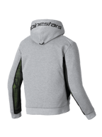Alpinestars Chrome Air Sport Kapuzenjacke, Herren-Motorrad-Kapuzenjacke, Rückansicht in Grau und Schwarz mit Airflow-Mesh-Seitenbahnen und Alpinestars-Branding auf der Kapuze.