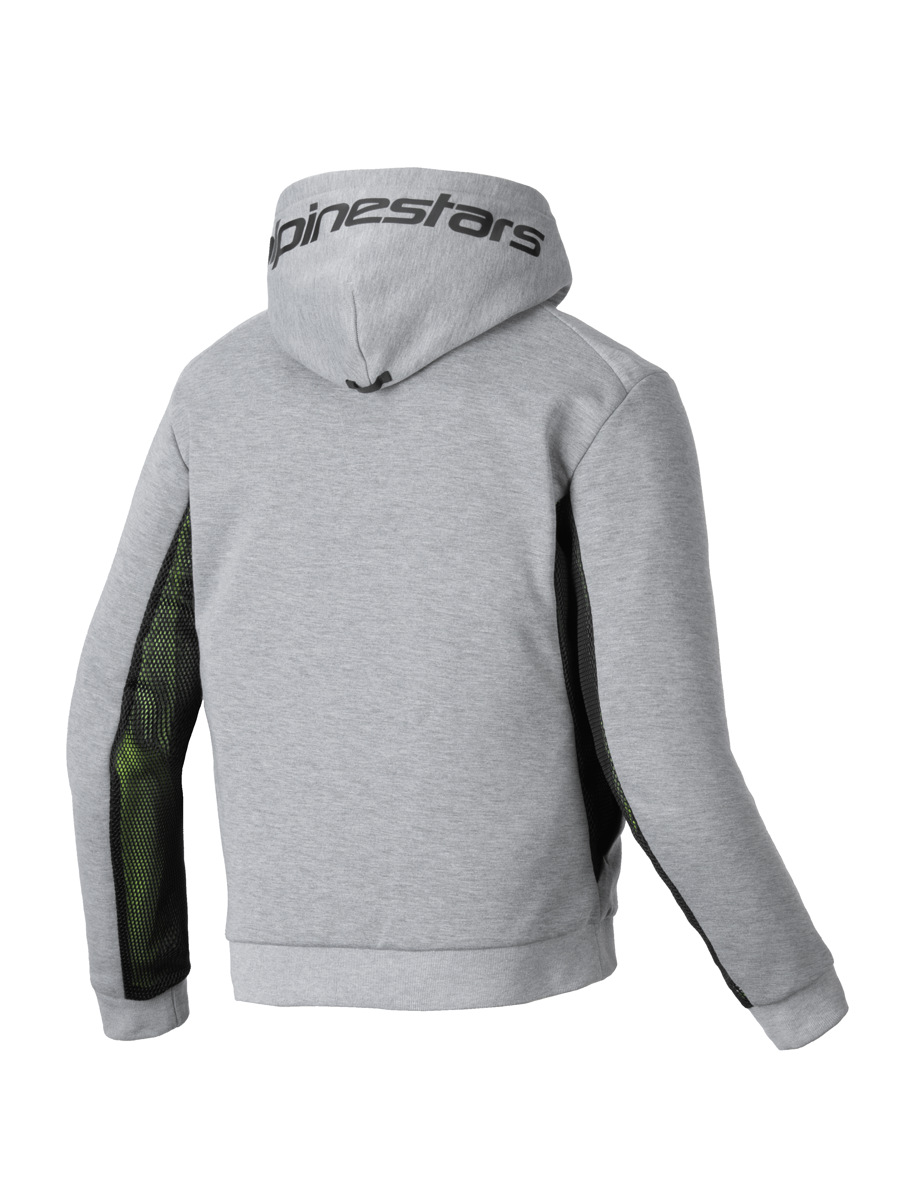 Alpinestars Chrome Air Sport Kapuzenjacke, Herren-Motorrad-Kapuzenjacke, Rückansicht in Grau und Schwarz mit Airflow-Mesh-Seitenbahnen und Alpinestars-Branding auf der Kapuze.