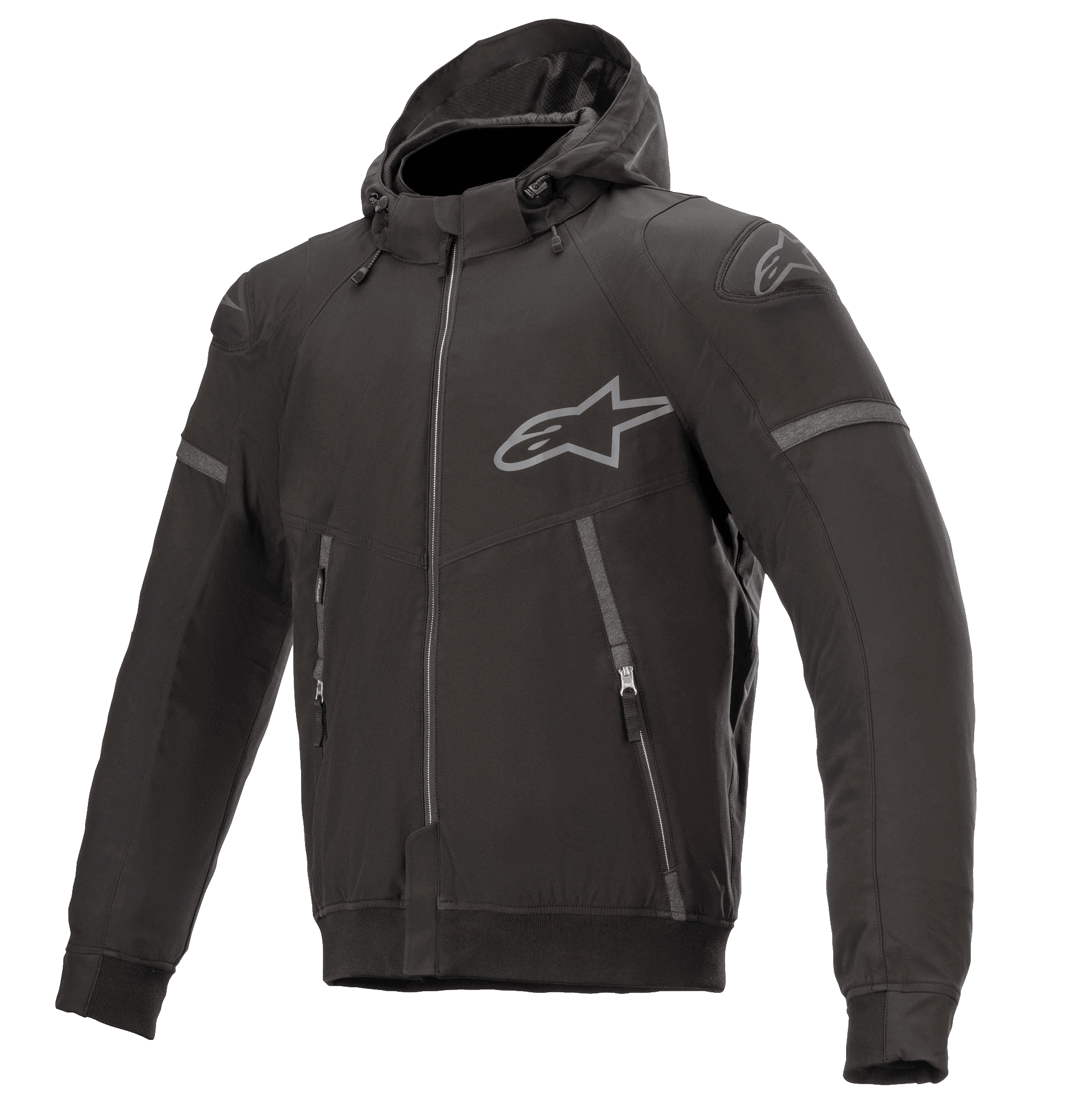 Alpinestars Sektor Tech V2 Hoodie, Schwarz mit grauen Akzenten, Motorrad-Kapuzenjacke, durchgehender Frontreißverschluss, zwei Reißverschlusstaschen, graues Alpinestars-Logo auf Brust und Schulter, urbanes zeitgemäßes Design mit reflektierenden Details