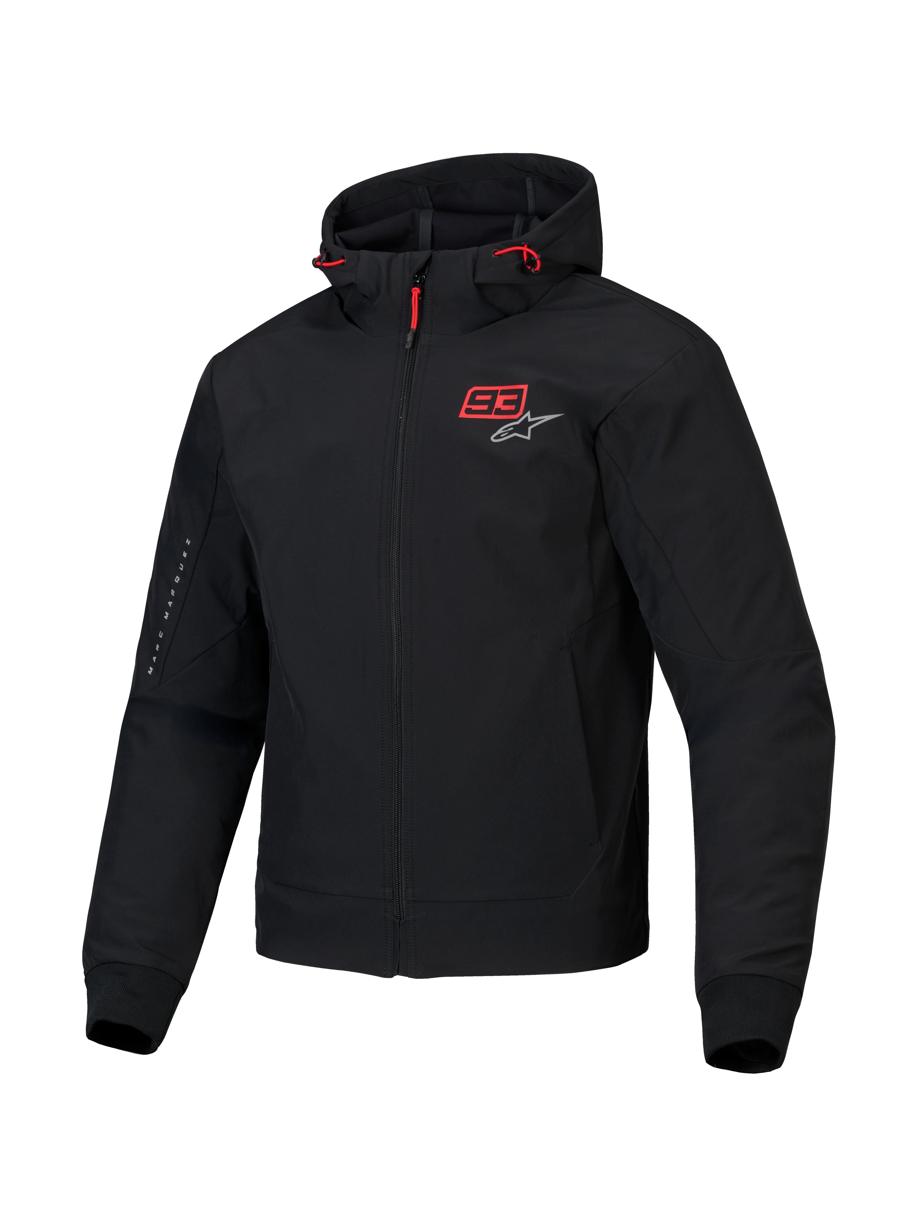 Alpinestars MM93 Radium Tech Kapuzenjacke, urbane Motorradjacke in Schwarz mit roten Akzenten, winddichte 3L-Techshell und Nucleon Flex Plus CE-zertifizierter Schulter- und Ellbogenschutz