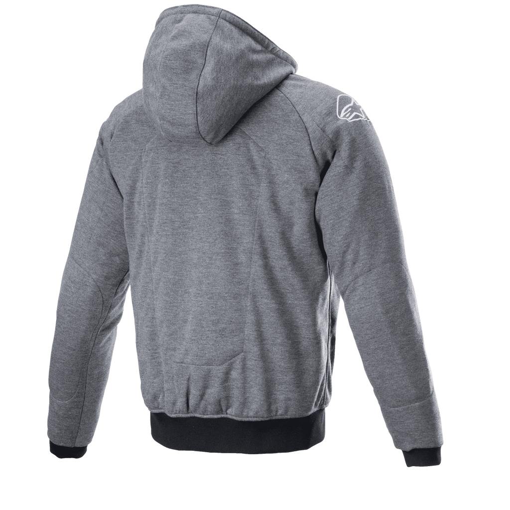 Alpinestars Chrome Ignition Hoodie, Melange Dark Gray, rear view showing hood and textured fabric, white logo on the right shoulder, black ribbed cuffs and waistband, casual urban motorcycle riding gear.