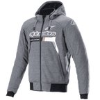 Alpinestars Chrome Ignition Hoodie, Melange Dark Gray White, Zip-Up Motorcycle Hoodie, White Alpinestars logo and text on chest with orange details, black ribbed cuffs and waistband, casual urban riding gear